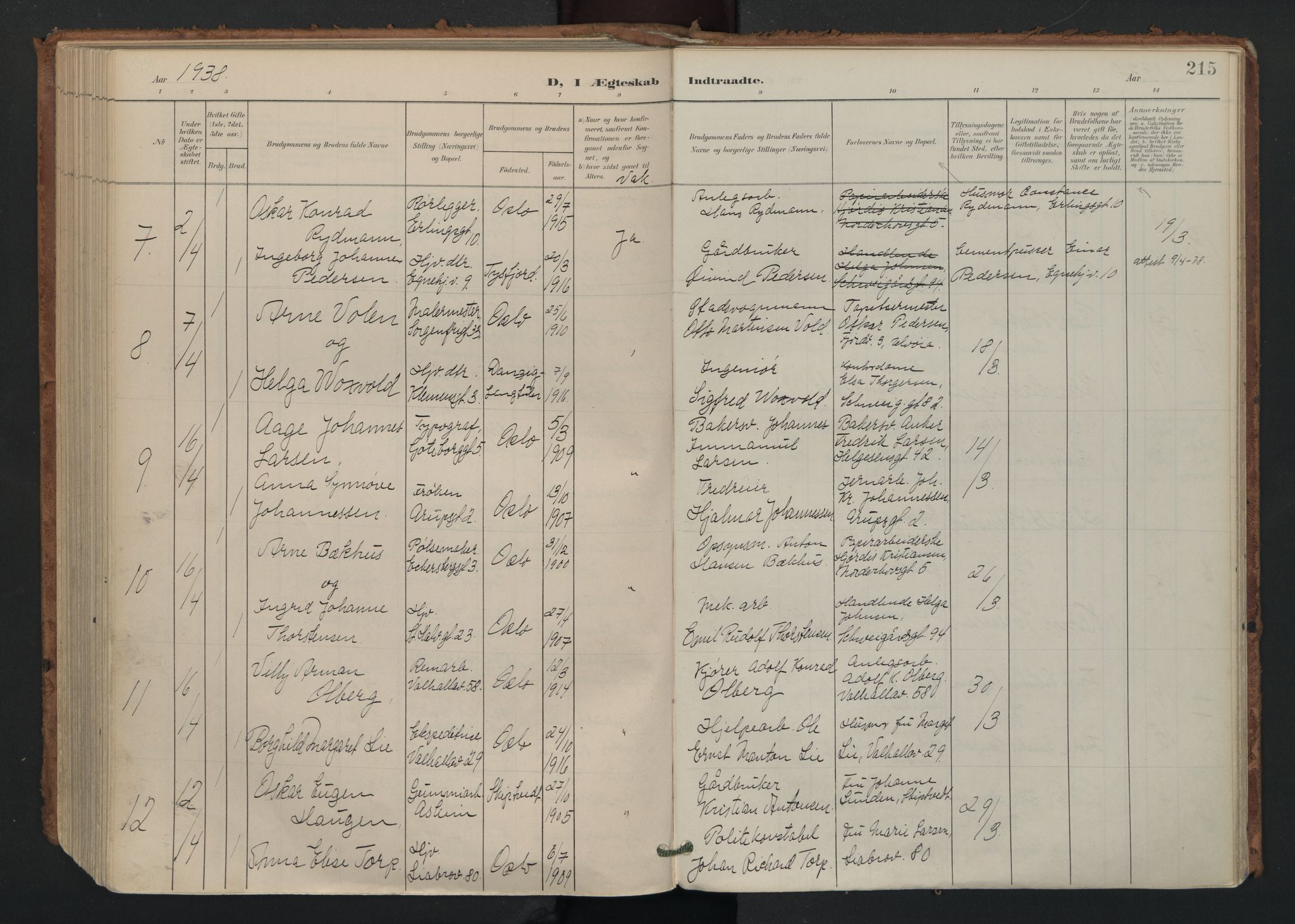 Gamlebyen prestekontor Kirkebøker, AV/SAO-A-10884/F/Fa/L0011: Parish register (official) no. 11, 1901-1939, p. 215