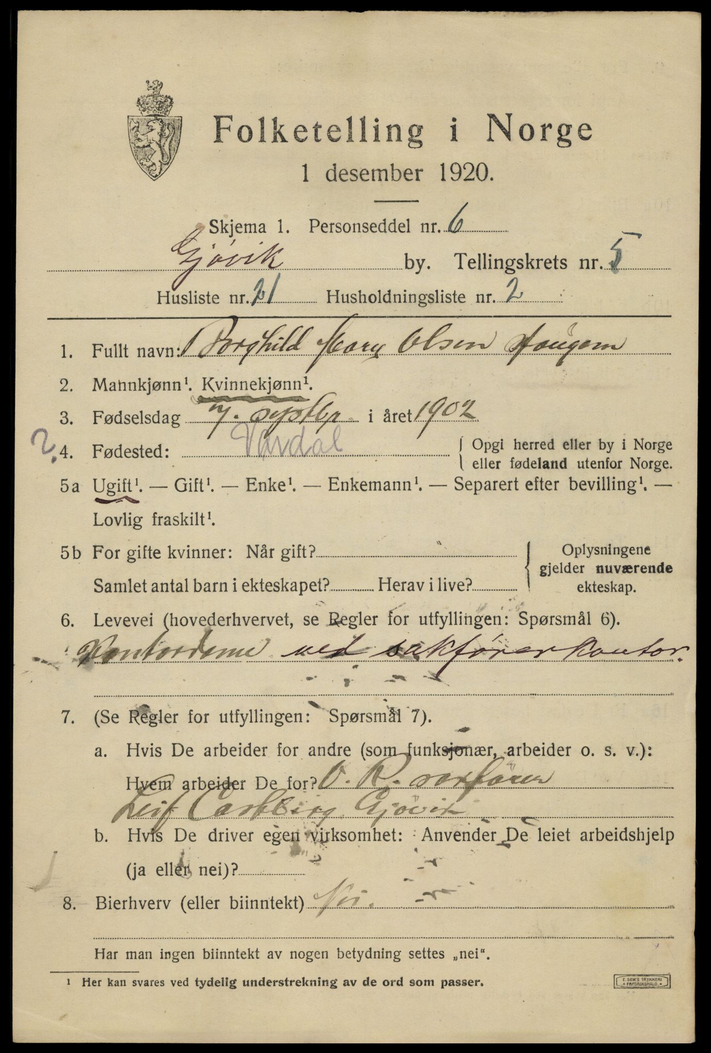 SAH, 1920 census for Gjøvik, 1920, p. 10490