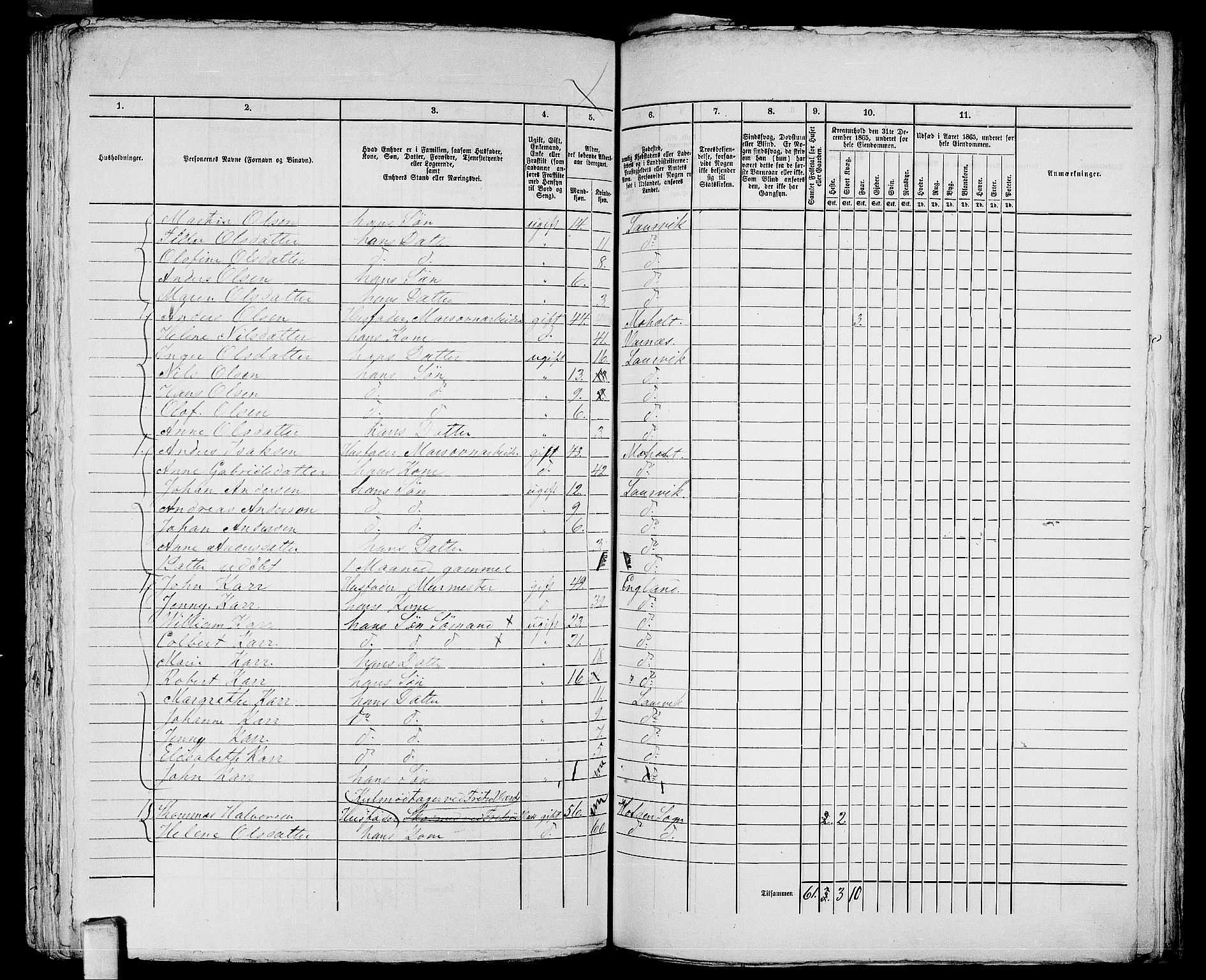 RA, 1865 census for Larvik, 1865, p. 1073