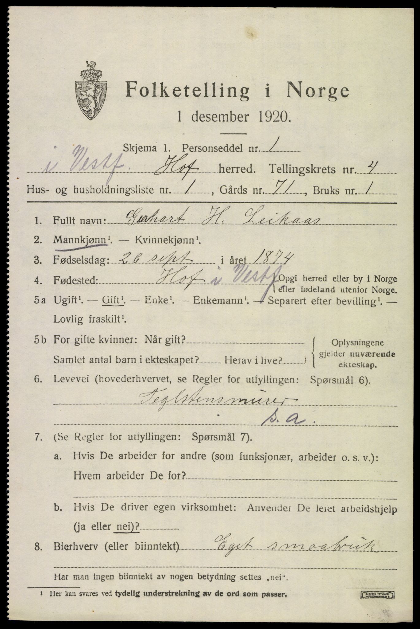 SAKO, 1920 census for Hof, 1920, p. 4867