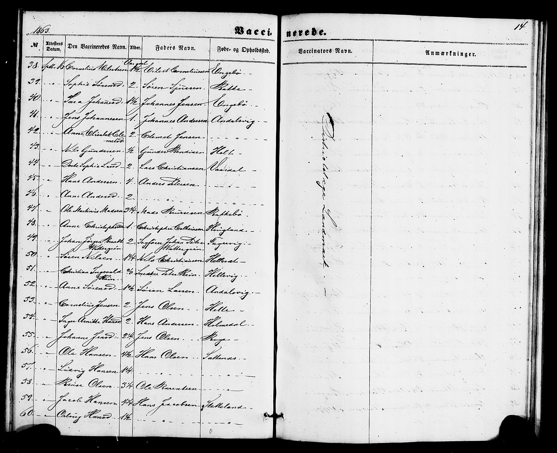 Fjaler sokneprestembete, AV/SAB-A-79801/H/Haa/Haaa/L0011: Parish register (official) no. A 11, 1860-1867, p. 14