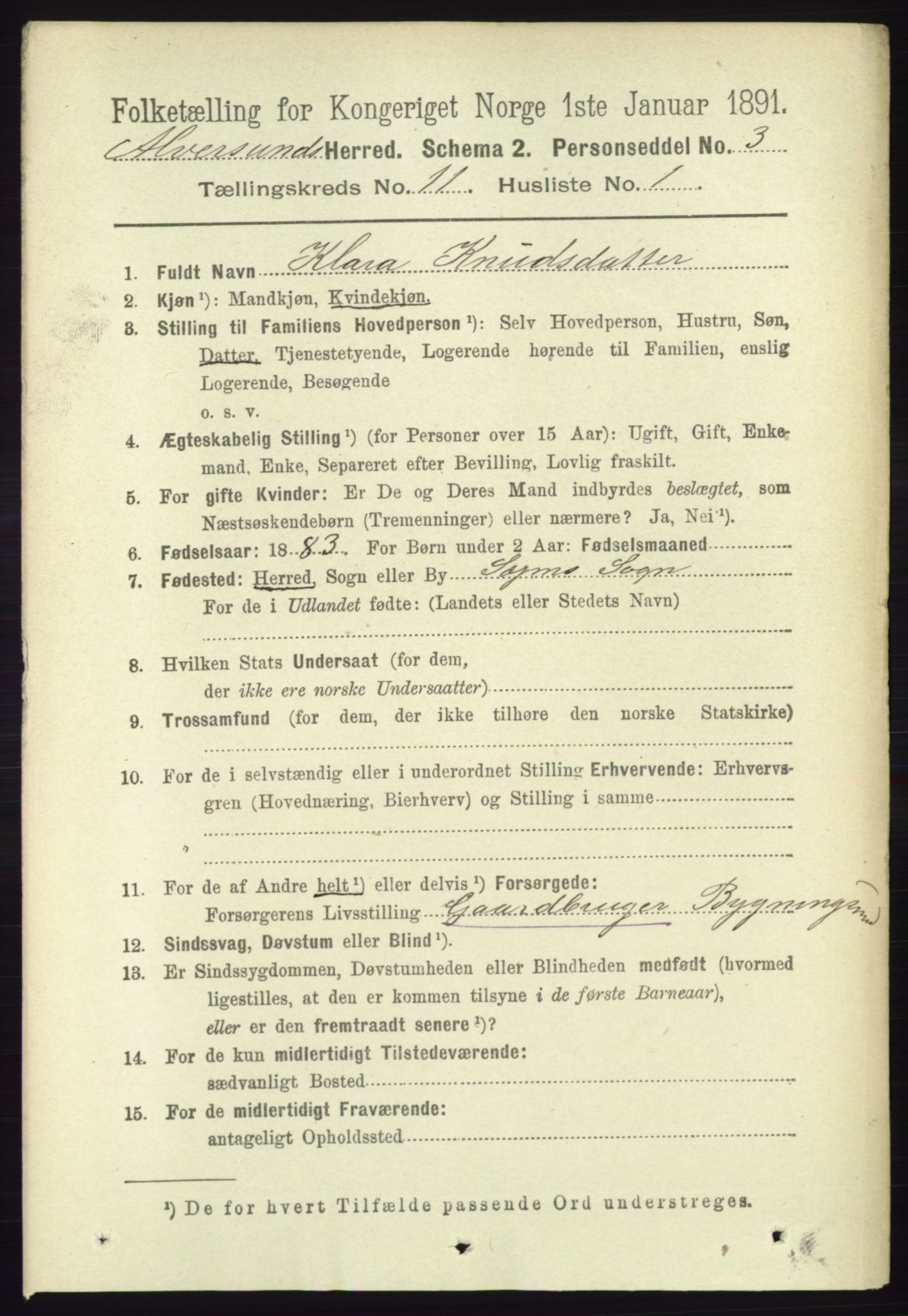 RA, 1891 census for 1257 Alversund, 1891, p. 3707