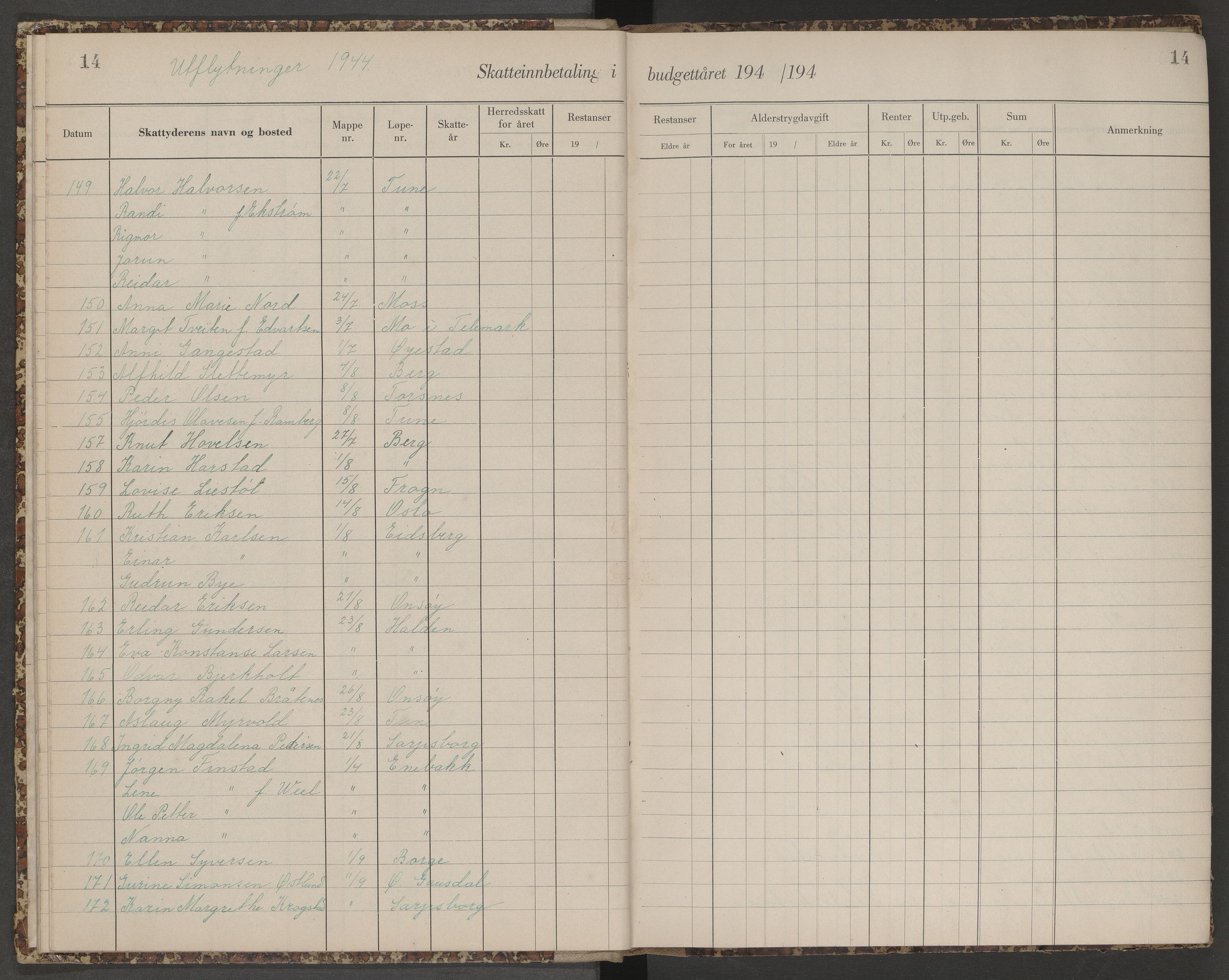 Skjeberg folkeregister, AV/SAO-A-10495/K/Ka/L0003: Fortegnelse over inn- og utflyttede, 1943-1947, p. 14