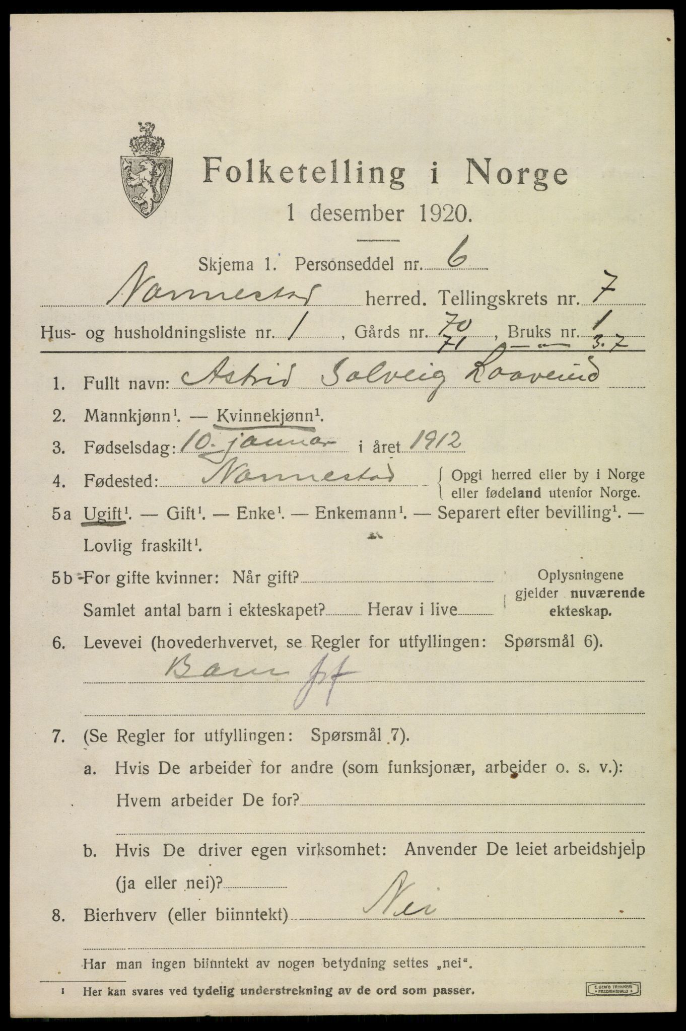 SAO, 1920 census for Nannestad, 1920, p. 8594