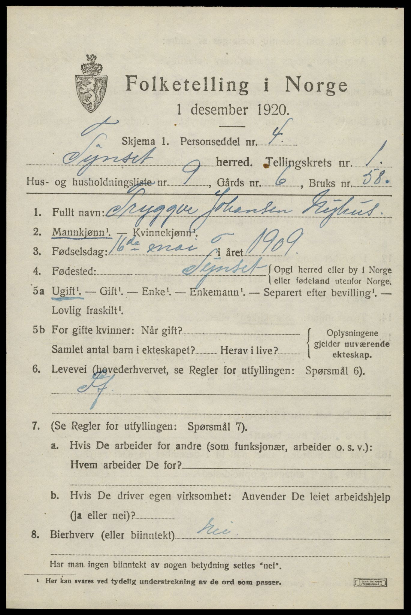 SAH, 1920 census for Tynset, 1920, p. 1624