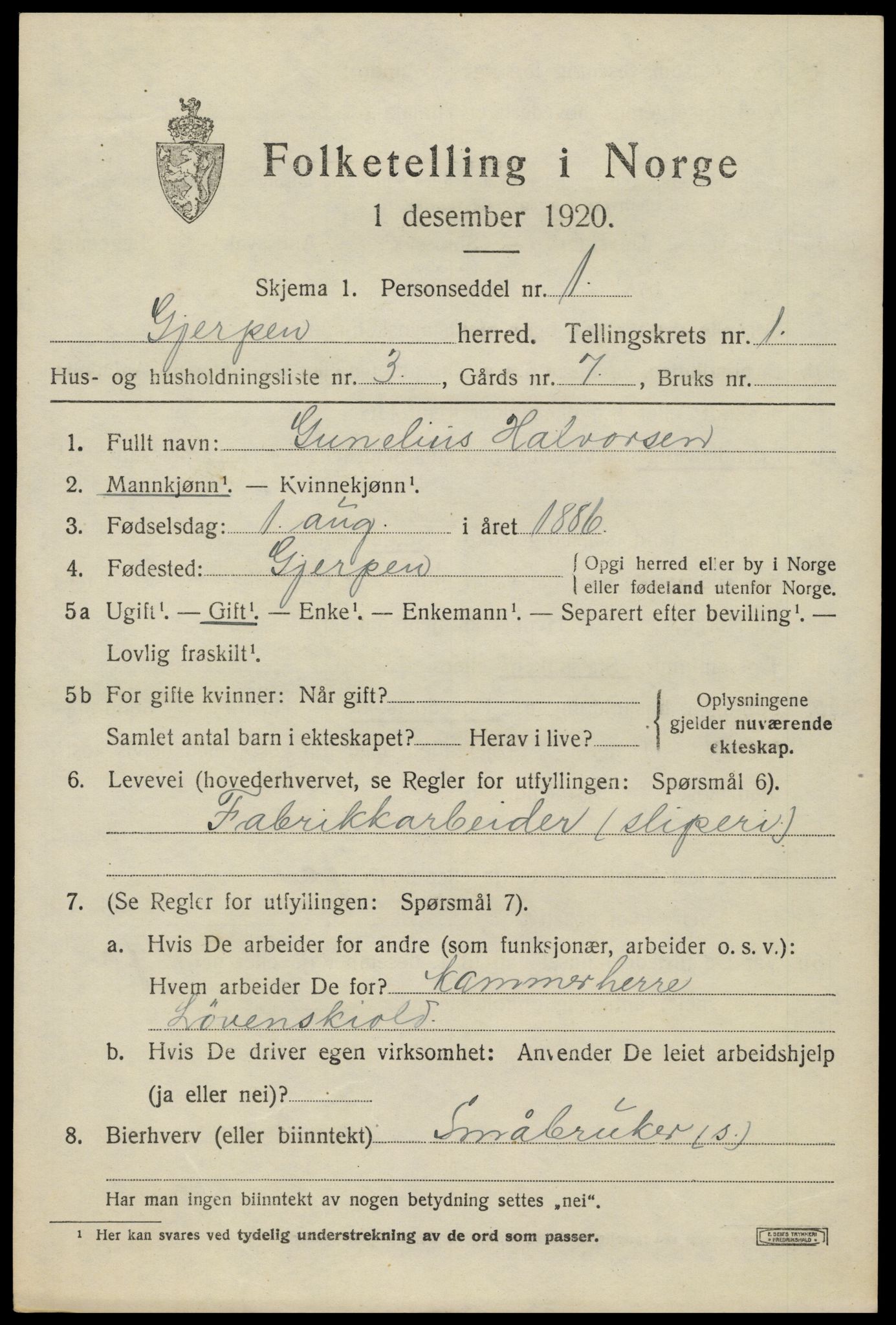 SAKO, 1920 census for Gjerpen, 1920, p. 2712