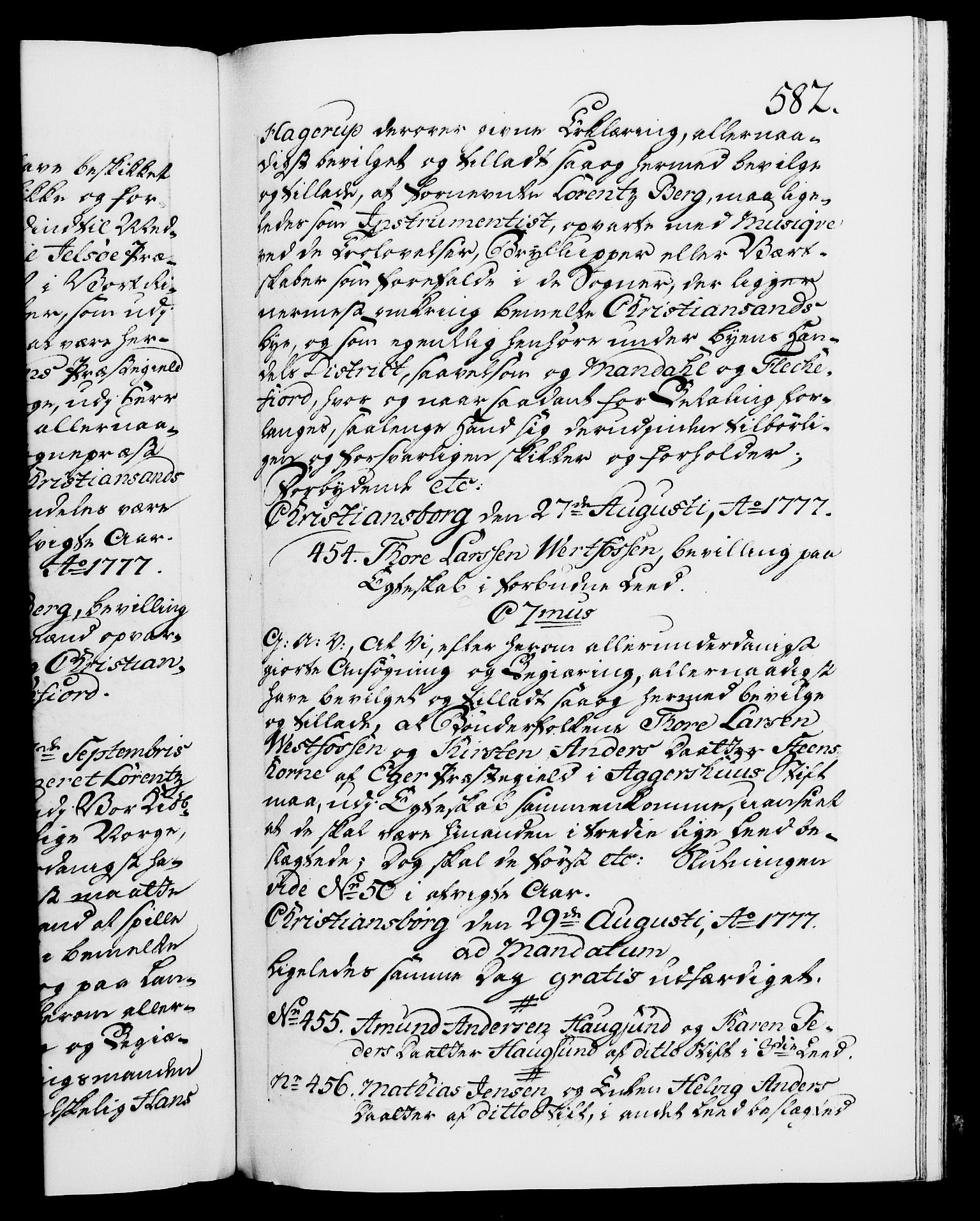 Danske Kanselli 1572-1799, AV/RA-EA-3023/F/Fc/Fca/Fcaa/L0047: Norske registre, 1776-1778, p. 582a