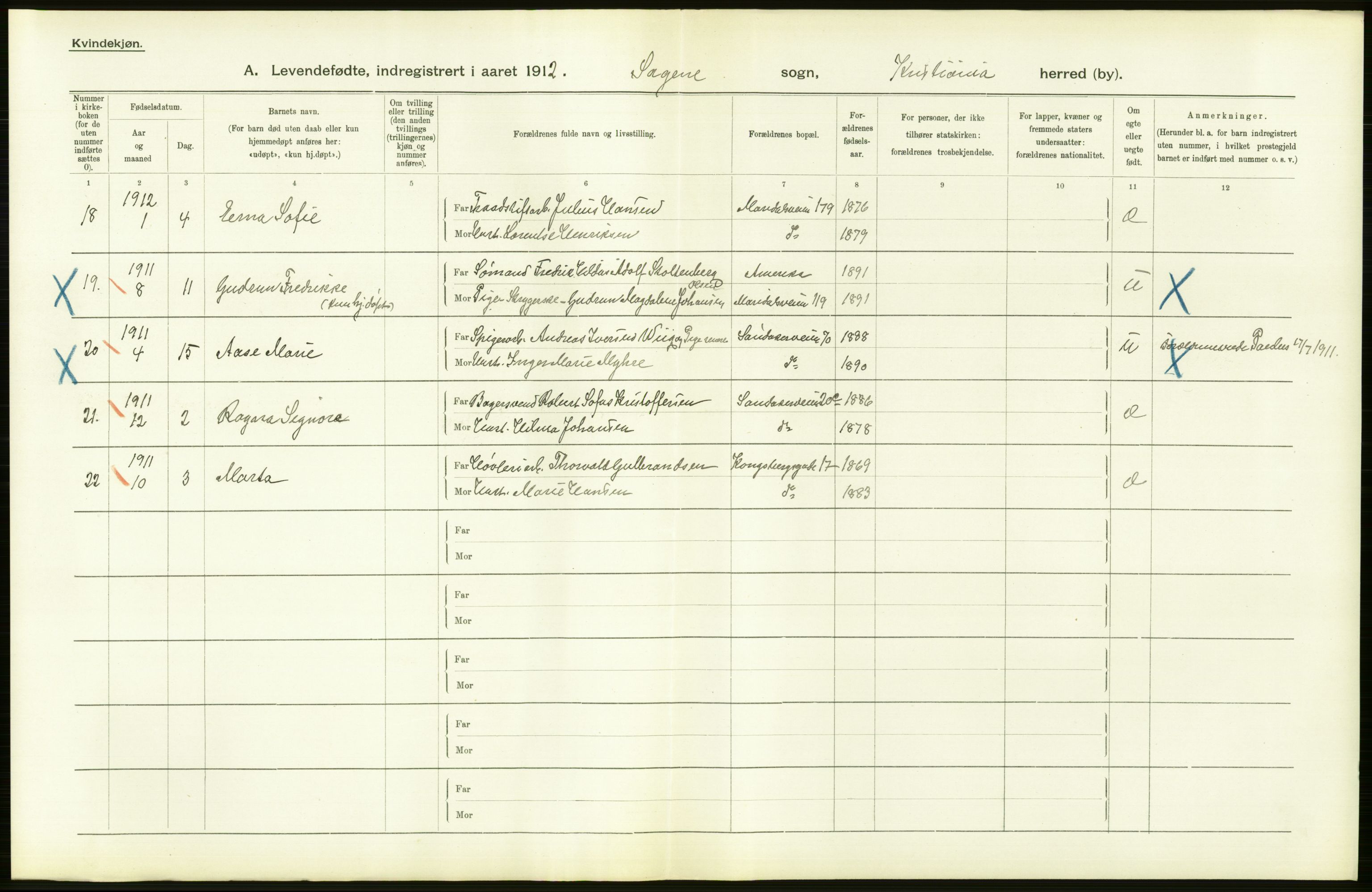 Statistisk sentralbyrå, Sosiodemografiske emner, Befolkning, RA/S-2228/D/Df/Dfb/Dfbb/L0007: Kristiania:  Levendefødte menn og kvinner., 1912, p. 428