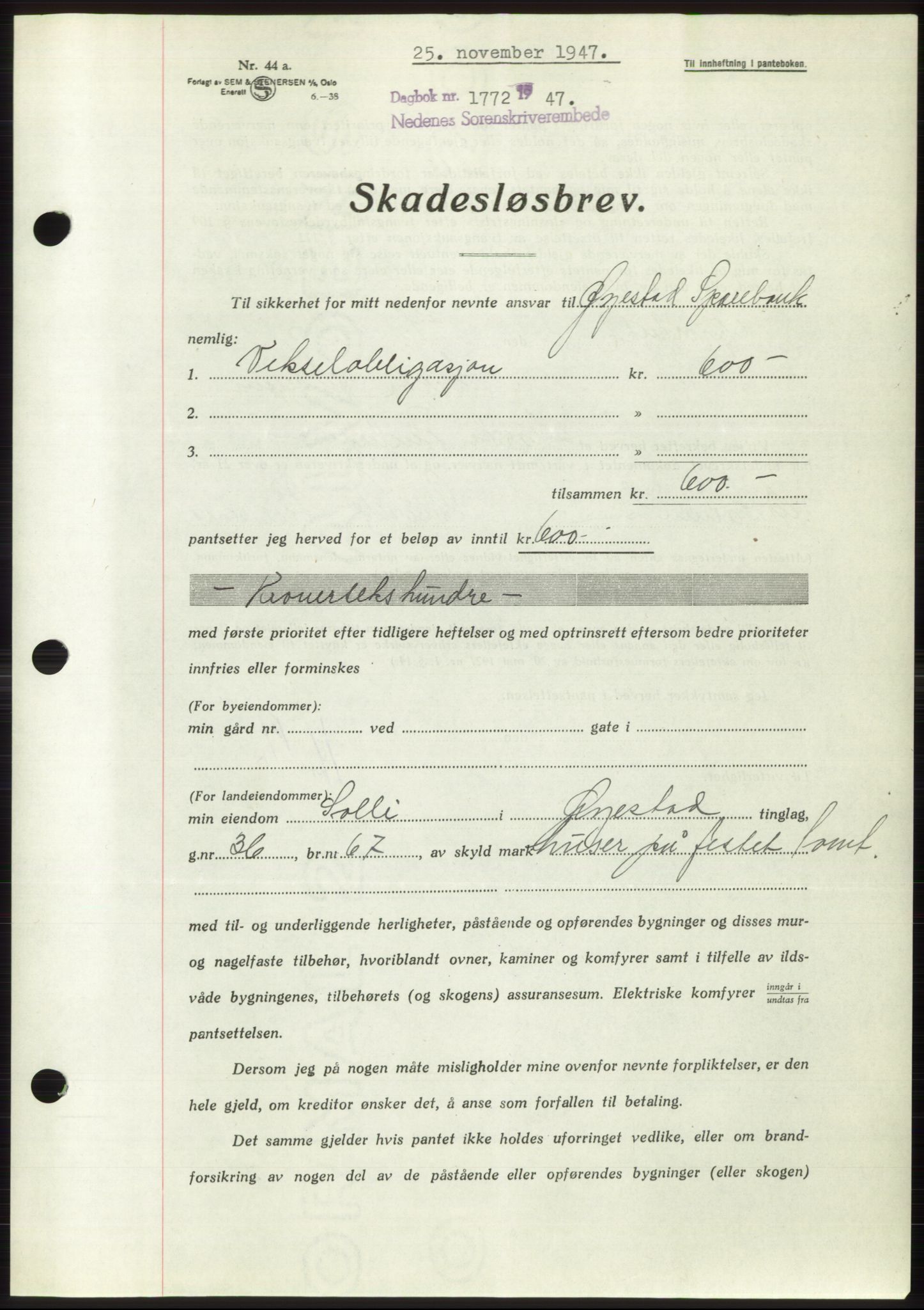 Nedenes sorenskriveri, AV/SAK-1221-0006/G/Gb/Gbb/L0004: Mortgage book no. B4, 1947-1947, Diary no: : 1772/1947