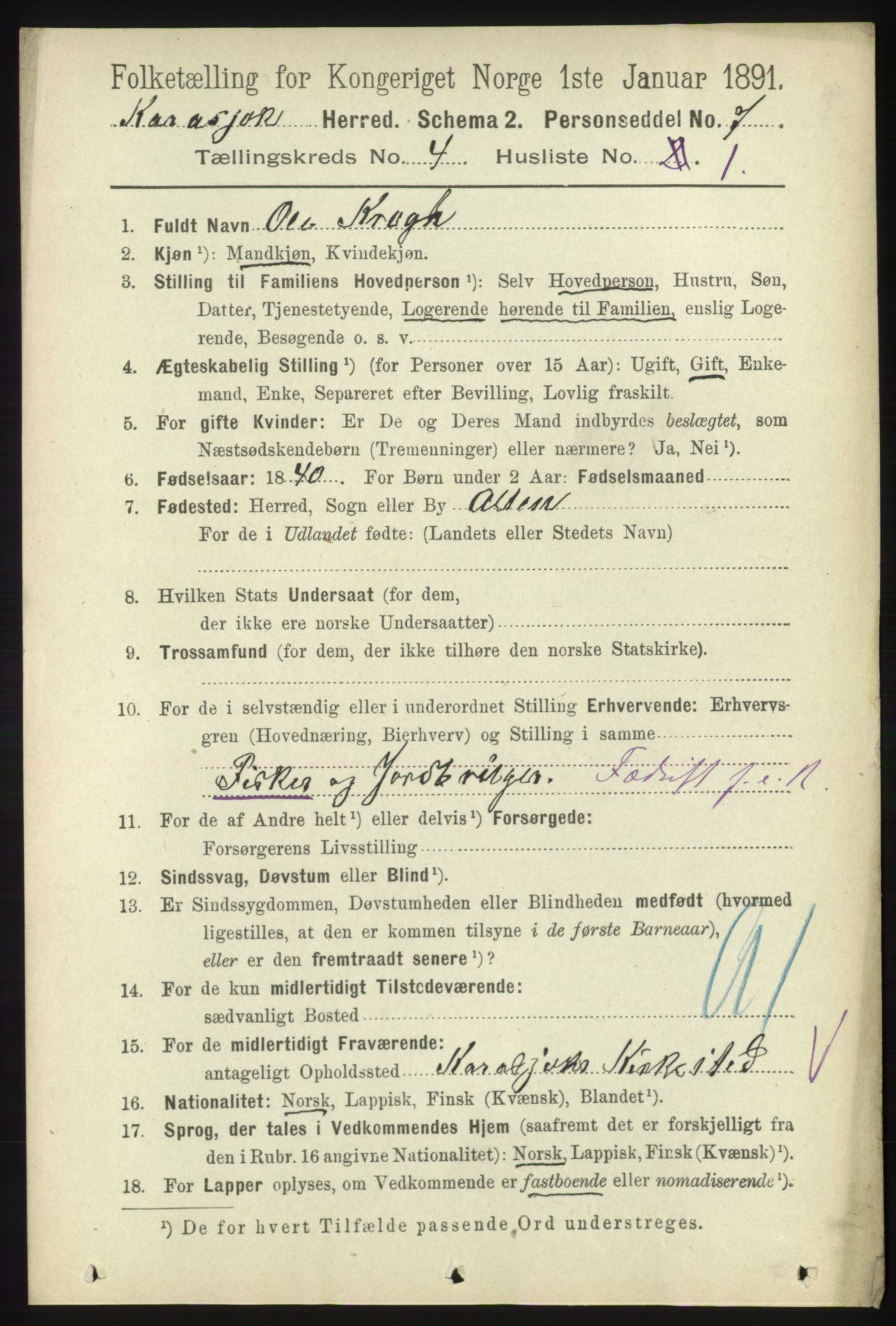 RA, 1891 census for 2021 Karasjok, 1891, p. 699