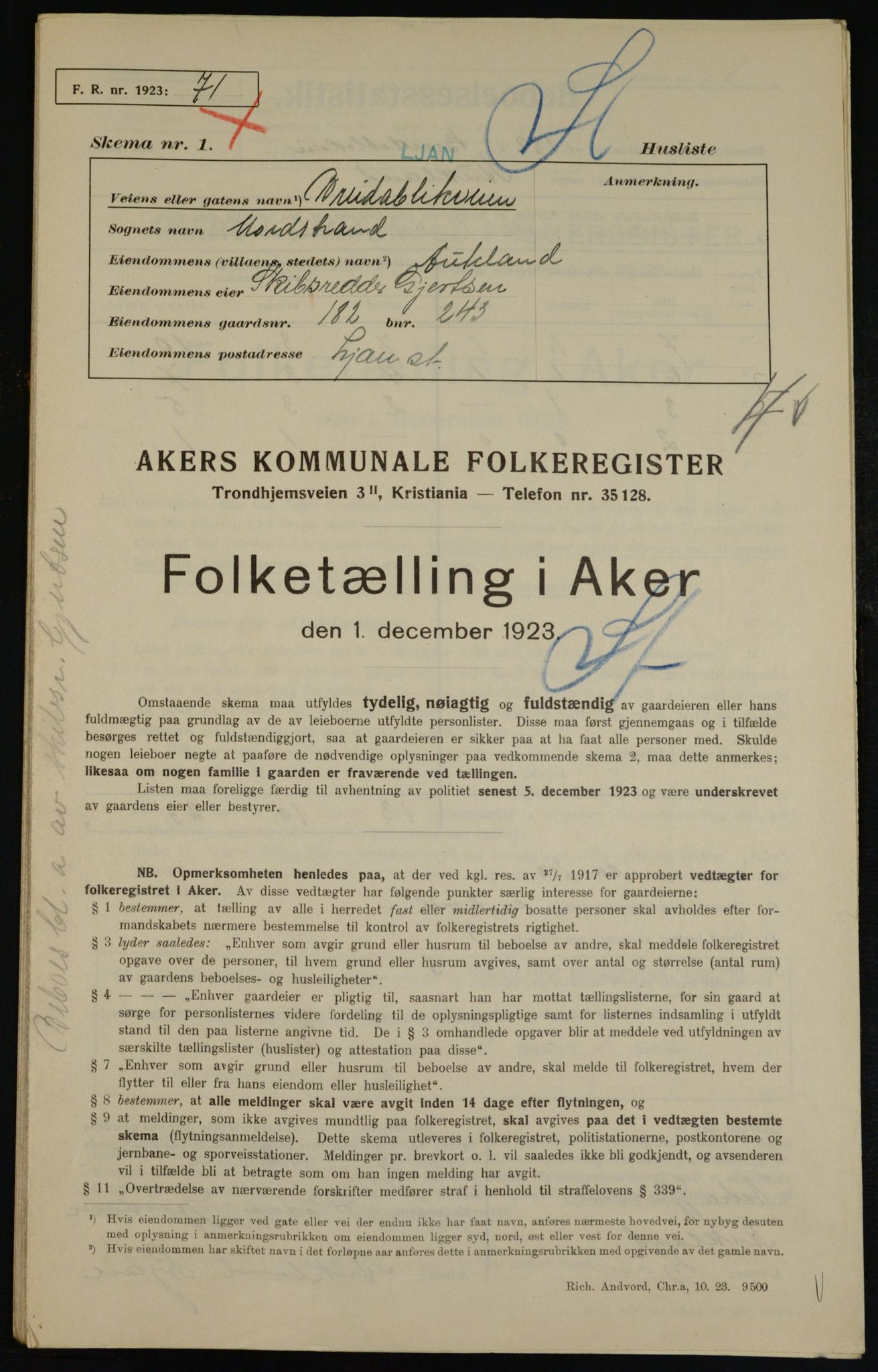 , Municipal Census 1923 for Aker, 1923, p. 37043