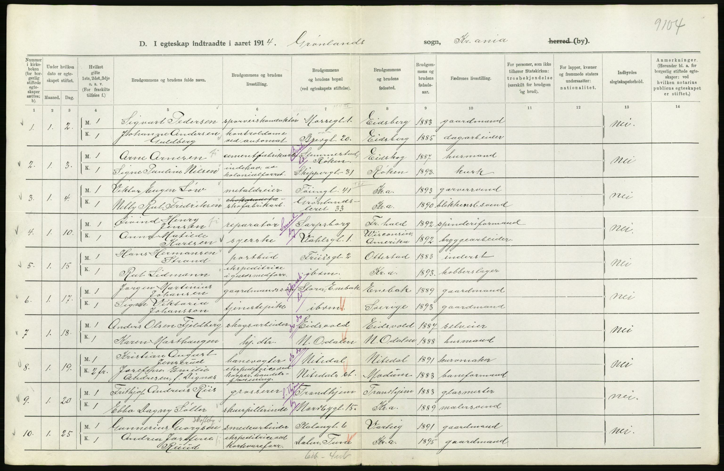 Statistisk sentralbyrå, Sosiodemografiske emner, Befolkning, RA/S-2228/D/Df/Dfb/Dfbd/L0007: Kristiania: Gifte, 1914, p. 250