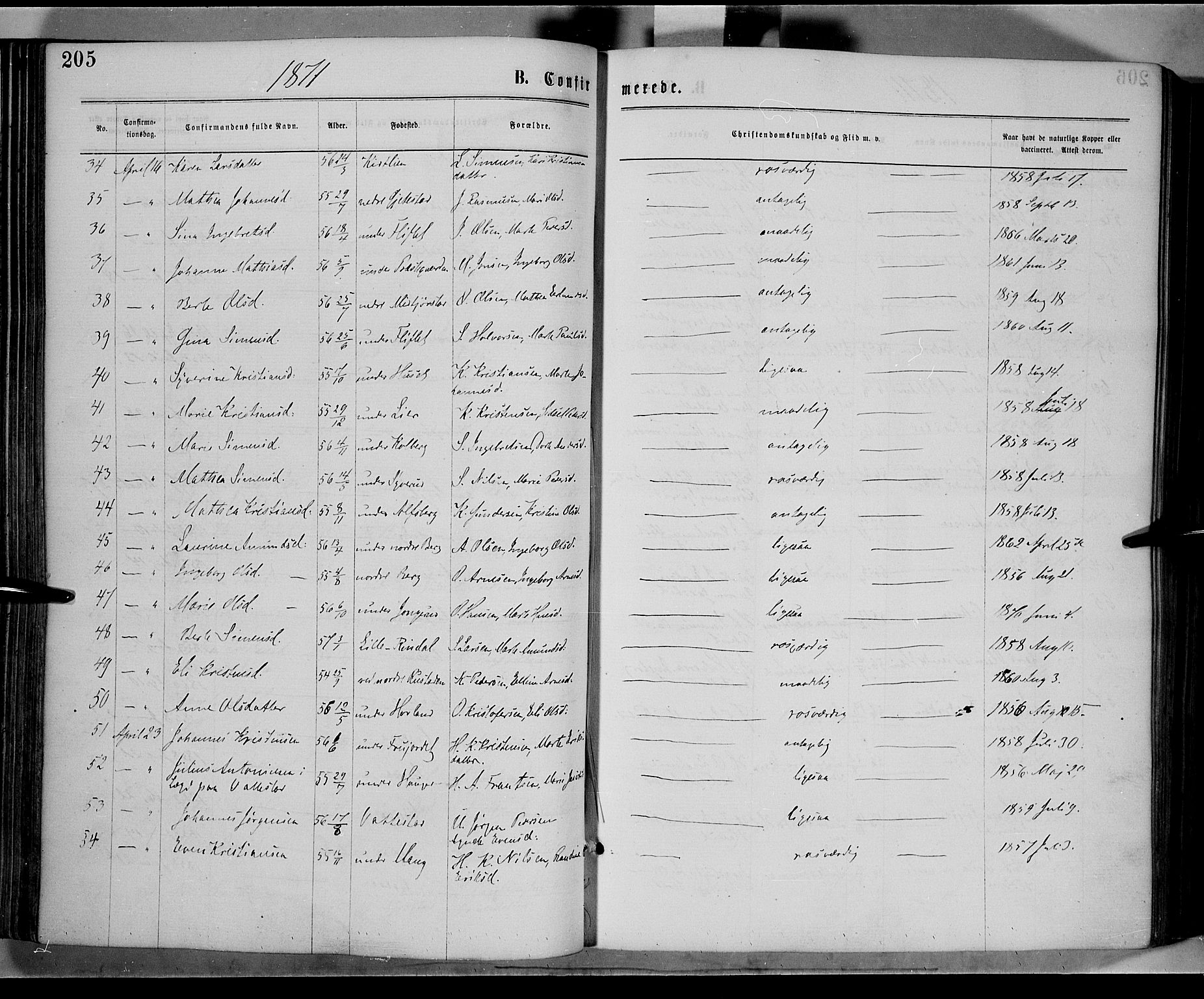 Fåberg prestekontor, AV/SAH-PREST-086/H/Ha/Haa/L0007: Parish register (official) no. 7, 1868-1878, p. 205