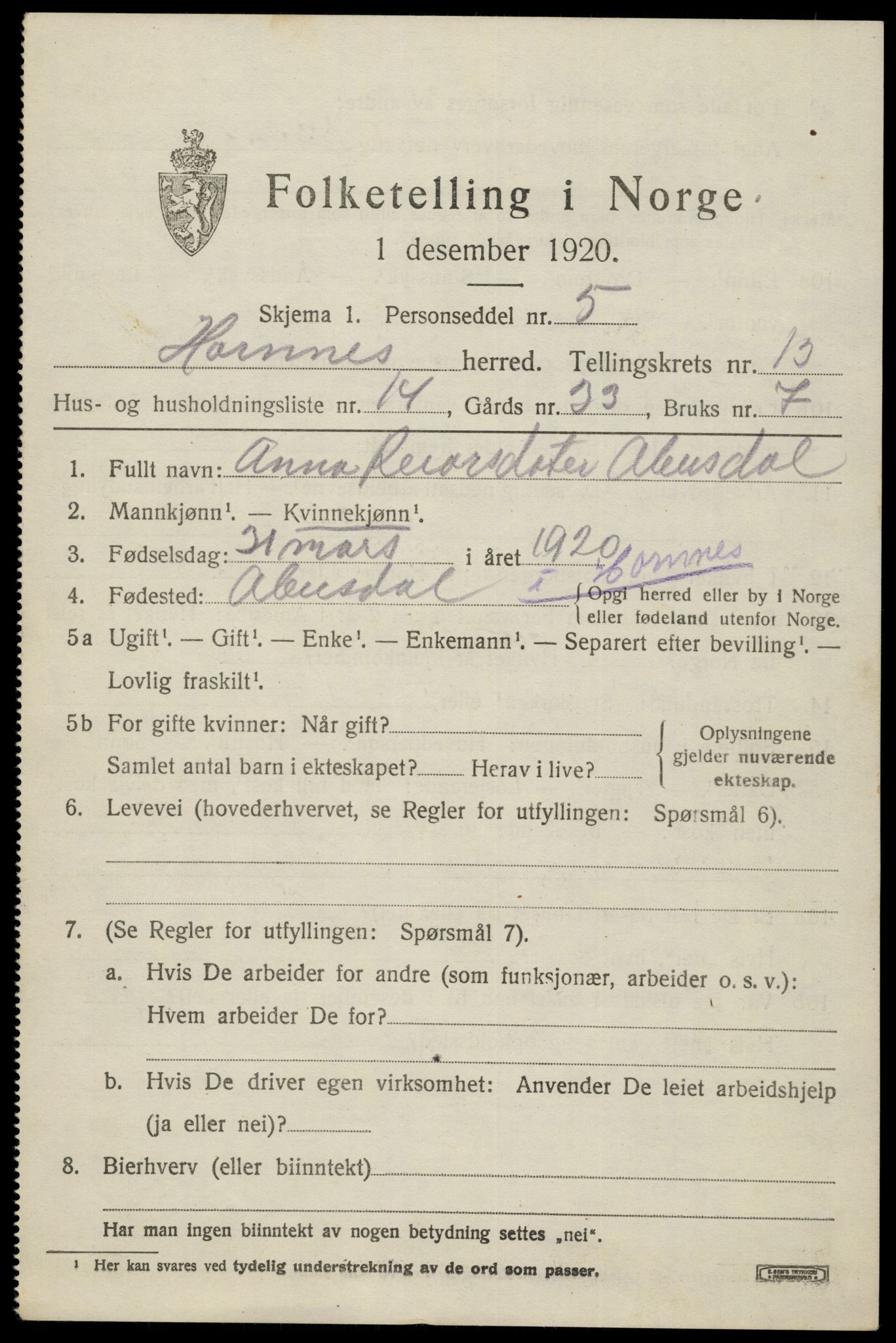 SAK, 1920 census for Hornnes, 1920, p. 3247