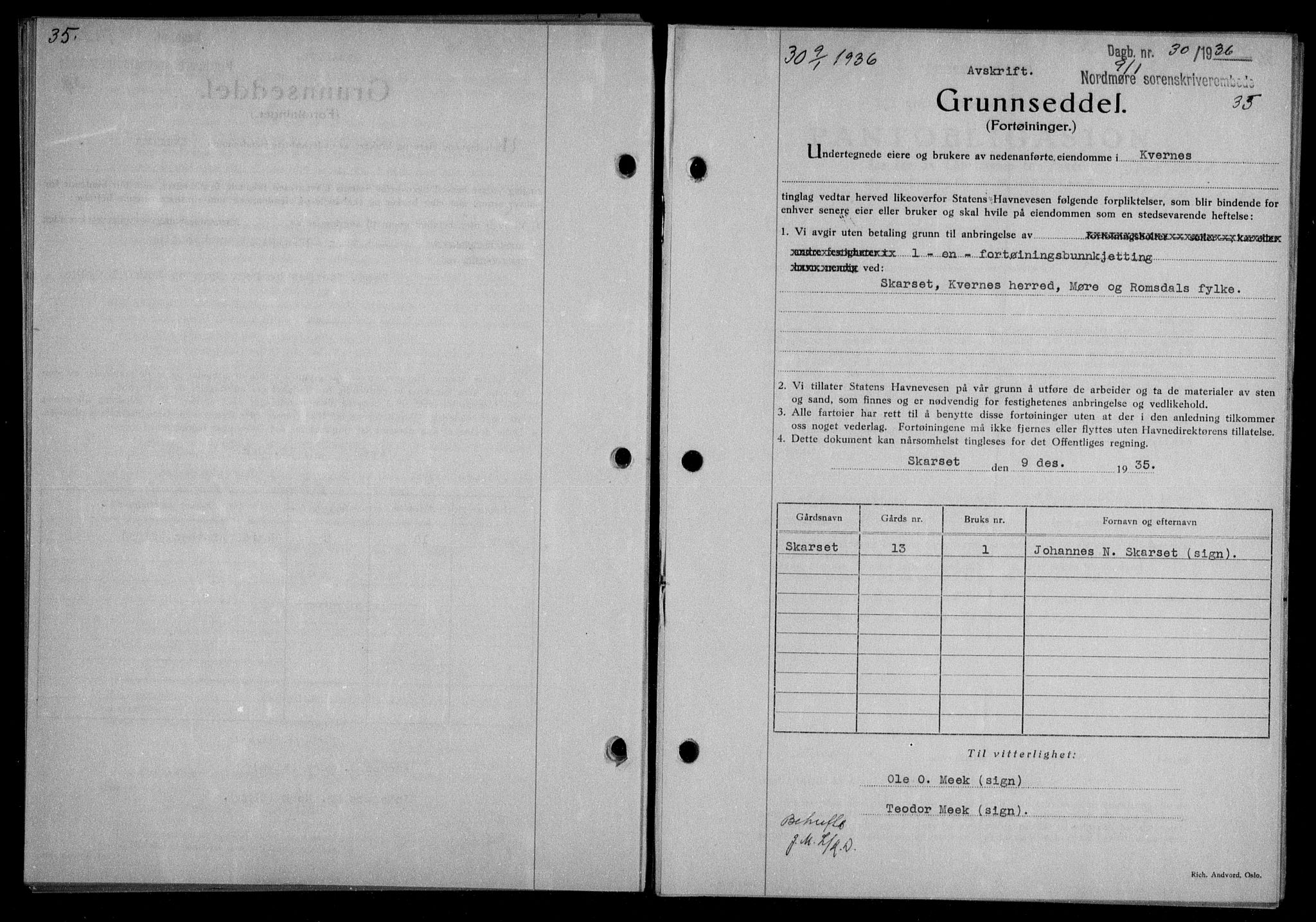 Nordmøre sorenskriveri, AV/SAT-A-4132/1/2/2Ca/L0087: Mortgage book no. 77, 1935-1936, Deed date: 09.01.1936