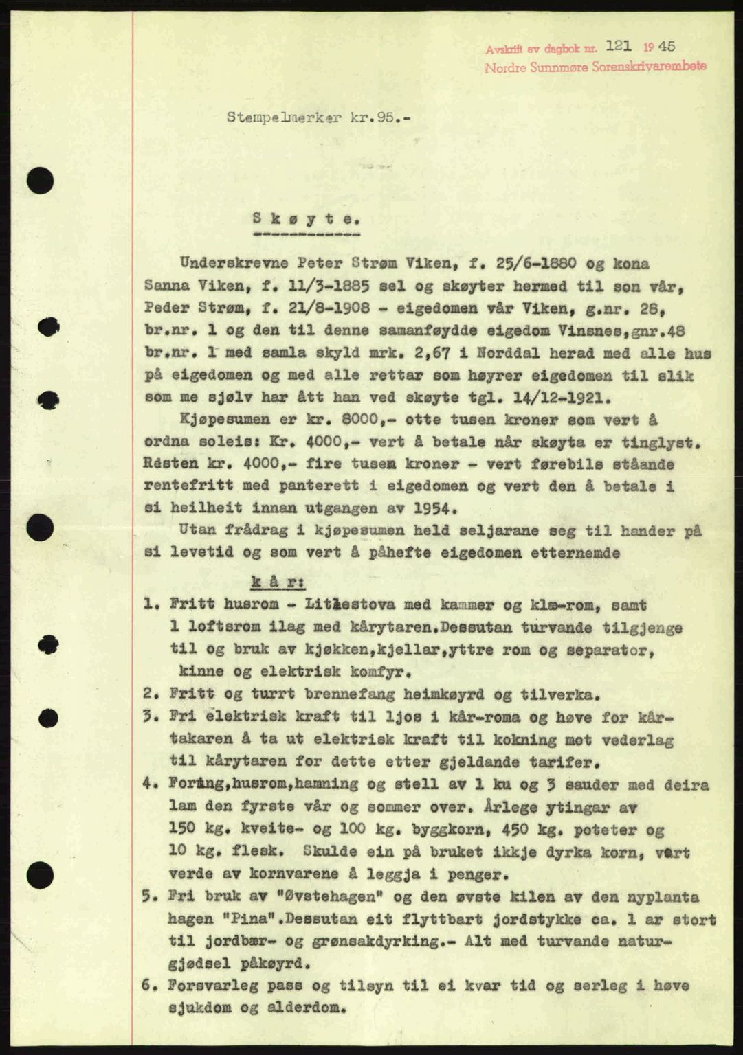 Nordre Sunnmøre sorenskriveri, AV/SAT-A-0006/1/2/2C/2Ca: Mortgage book no. A19, 1944-1945, Diary no: : 121/1945