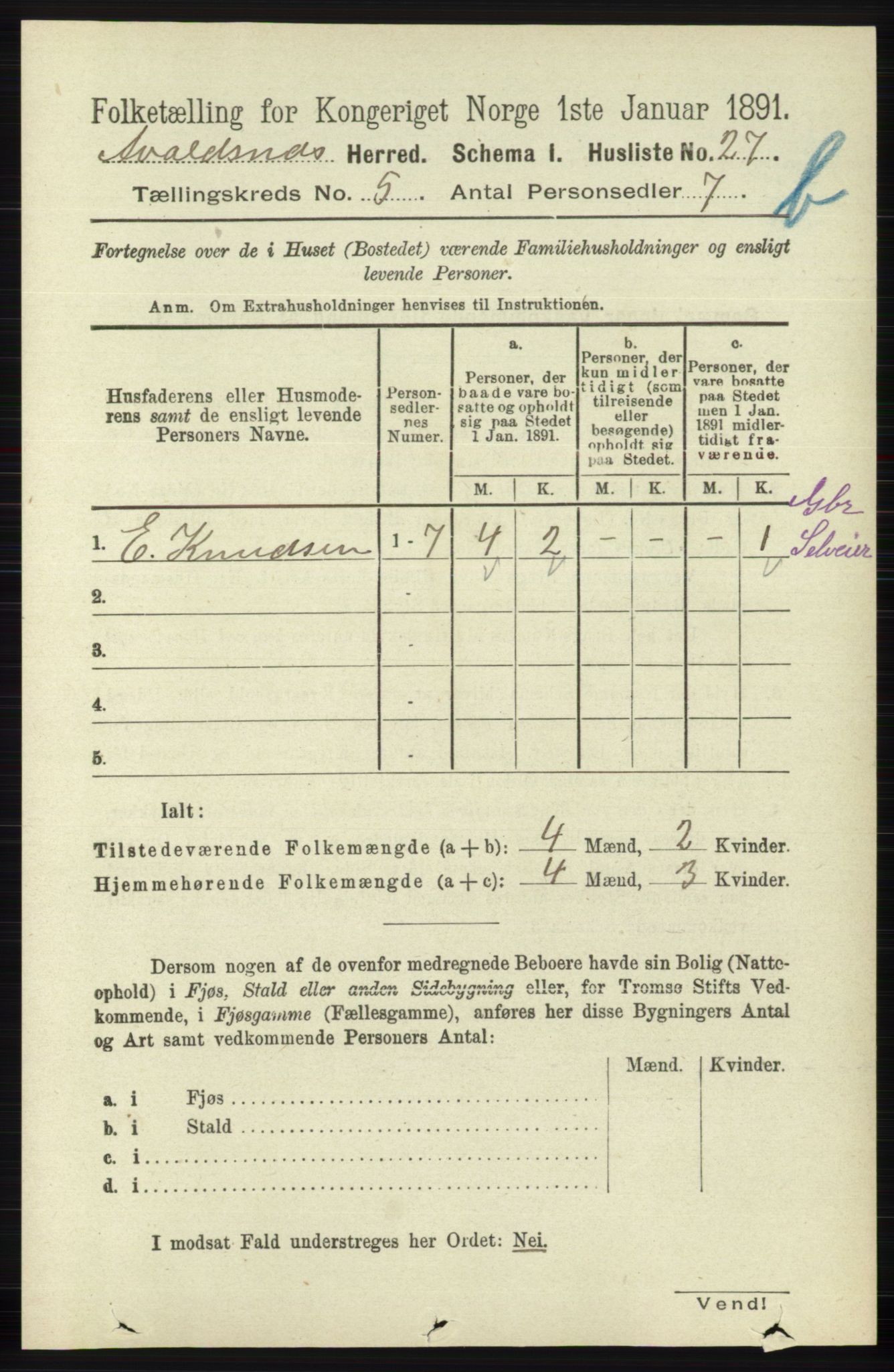 RA, 1891 census for 1147 Avaldsnes, 1891, p. 3015