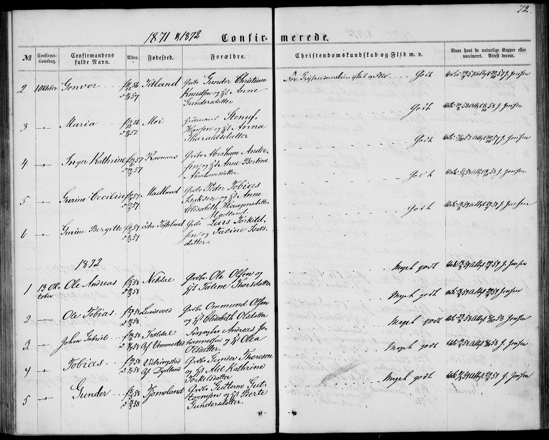 Lyngdal sokneprestkontor, AV/SAK-1111-0029/F/Fa/Fab/L0002: Parish register (official) no. A 2, 1861-1878, p. 72