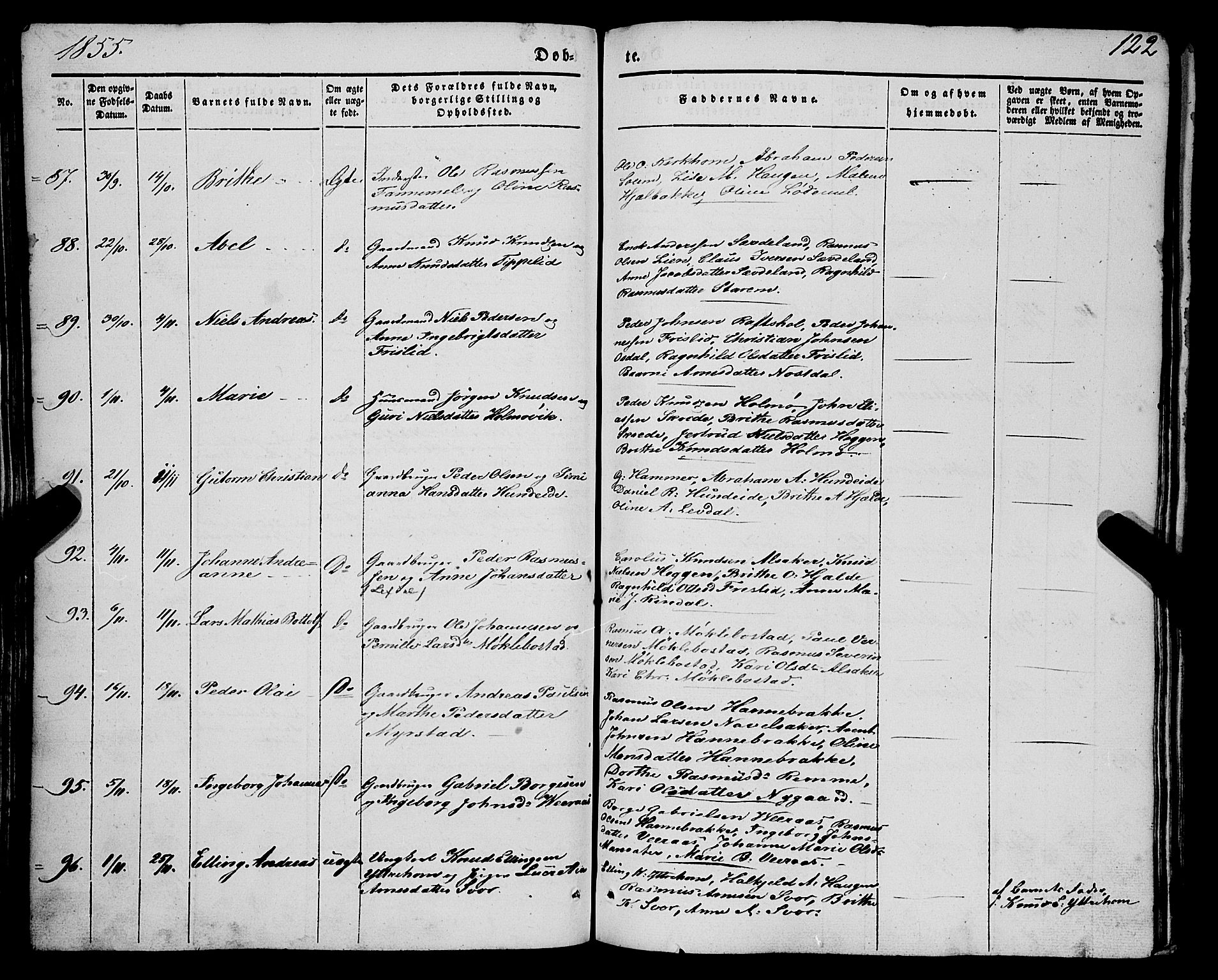 Eid sokneprestembete, AV/SAB-A-82301/H/Haa/Haaa/L0007: Parish register (official) no. A 7, 1844-1858, p. 122