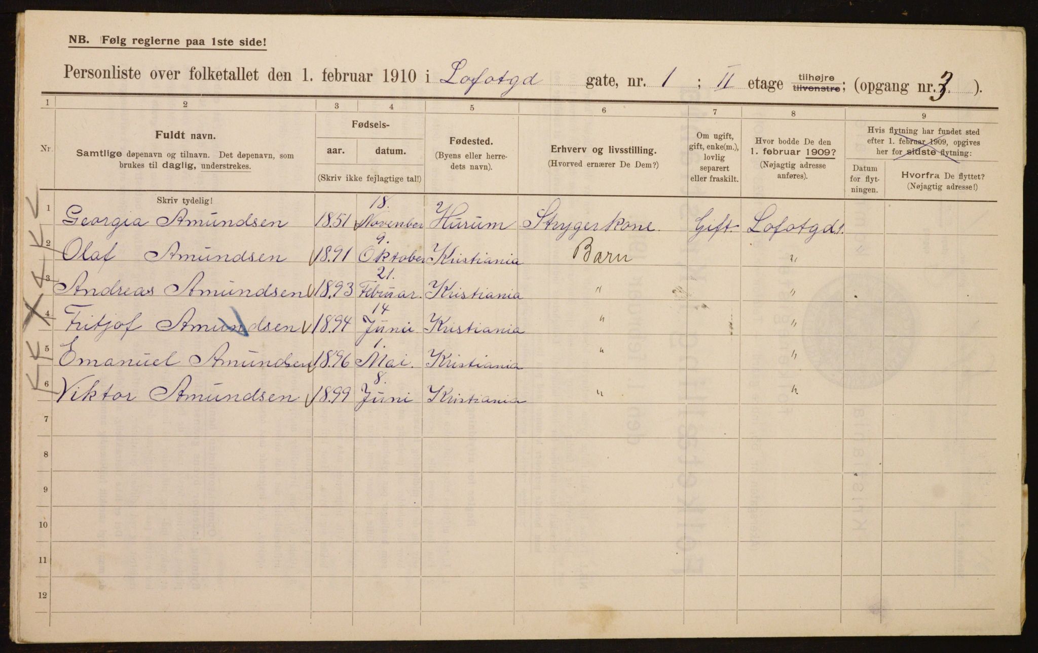 OBA, Municipal Census 1910 for Kristiania, 1910, p. 56340