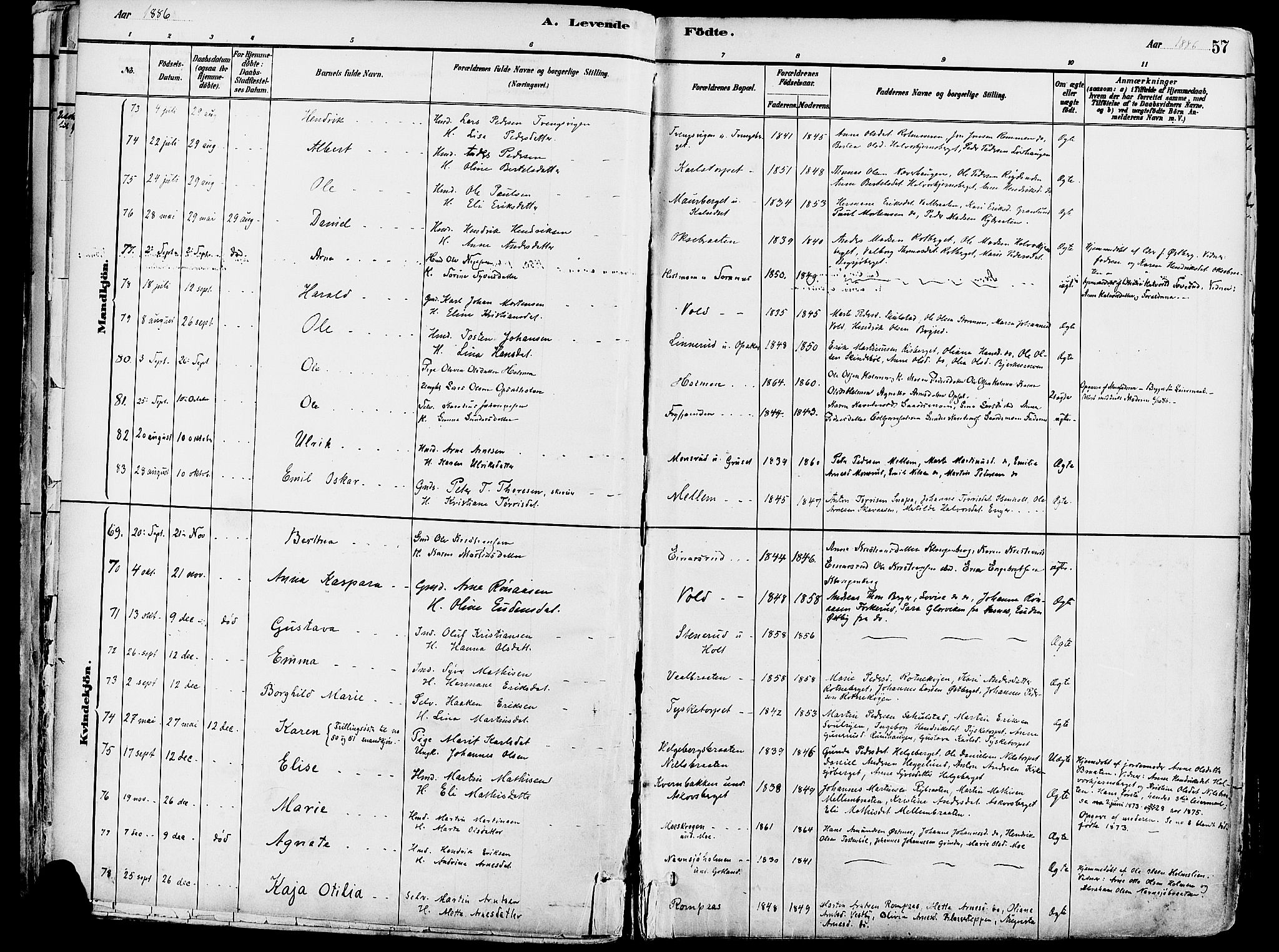 Grue prestekontor, SAH/PREST-036/H/Ha/Haa/L0012: Parish register (official) no. 12, 1881-1897, p. 57