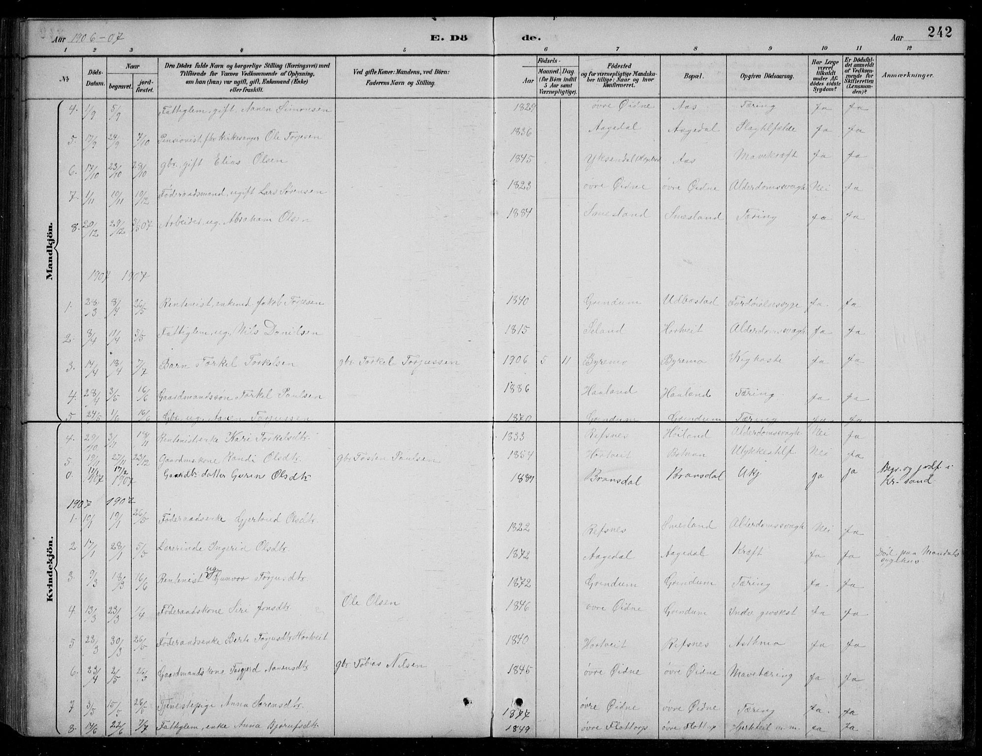 Bjelland sokneprestkontor, SAK/1111-0005/F/Fb/Fbc/L0003: Parish register (copy) no. B 3, 1887-1924, p. 242