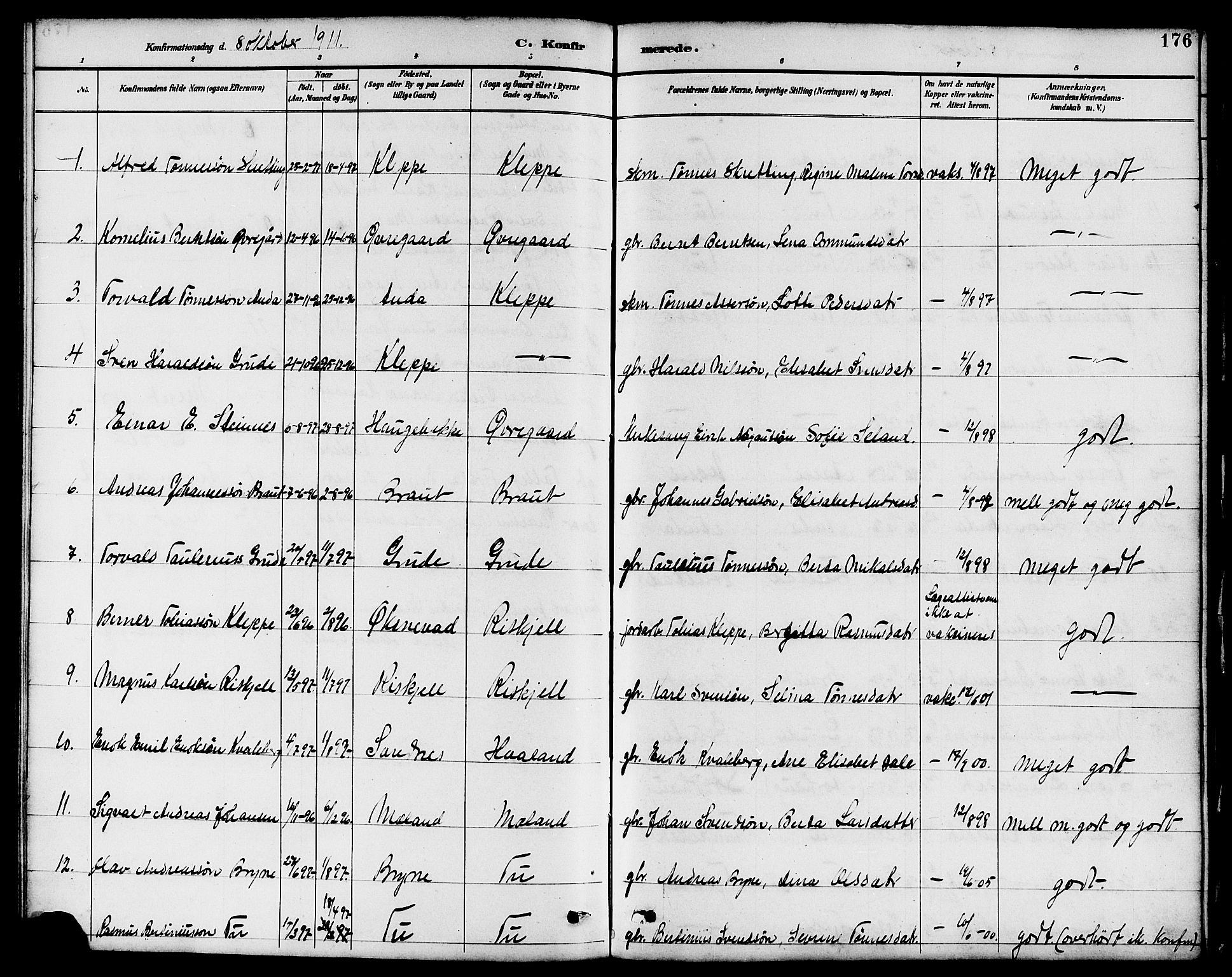 Klepp sokneprestkontor, SAST/A-101803/001/3/30BB/L0004: Parish register (copy) no. B 4, 1889-1914, p. 176