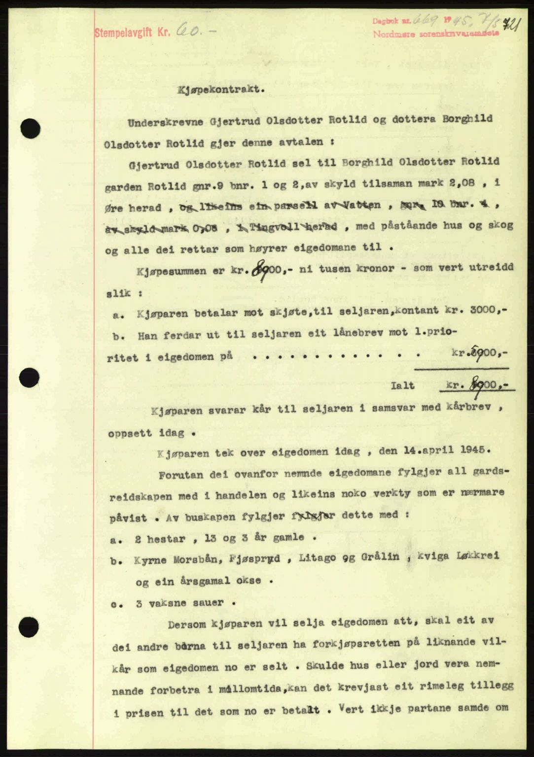 Nordmøre sorenskriveri, AV/SAT-A-4132/1/2/2Ca: Mortgage book no. B92, 1944-1945, Diary no: : 669/1945