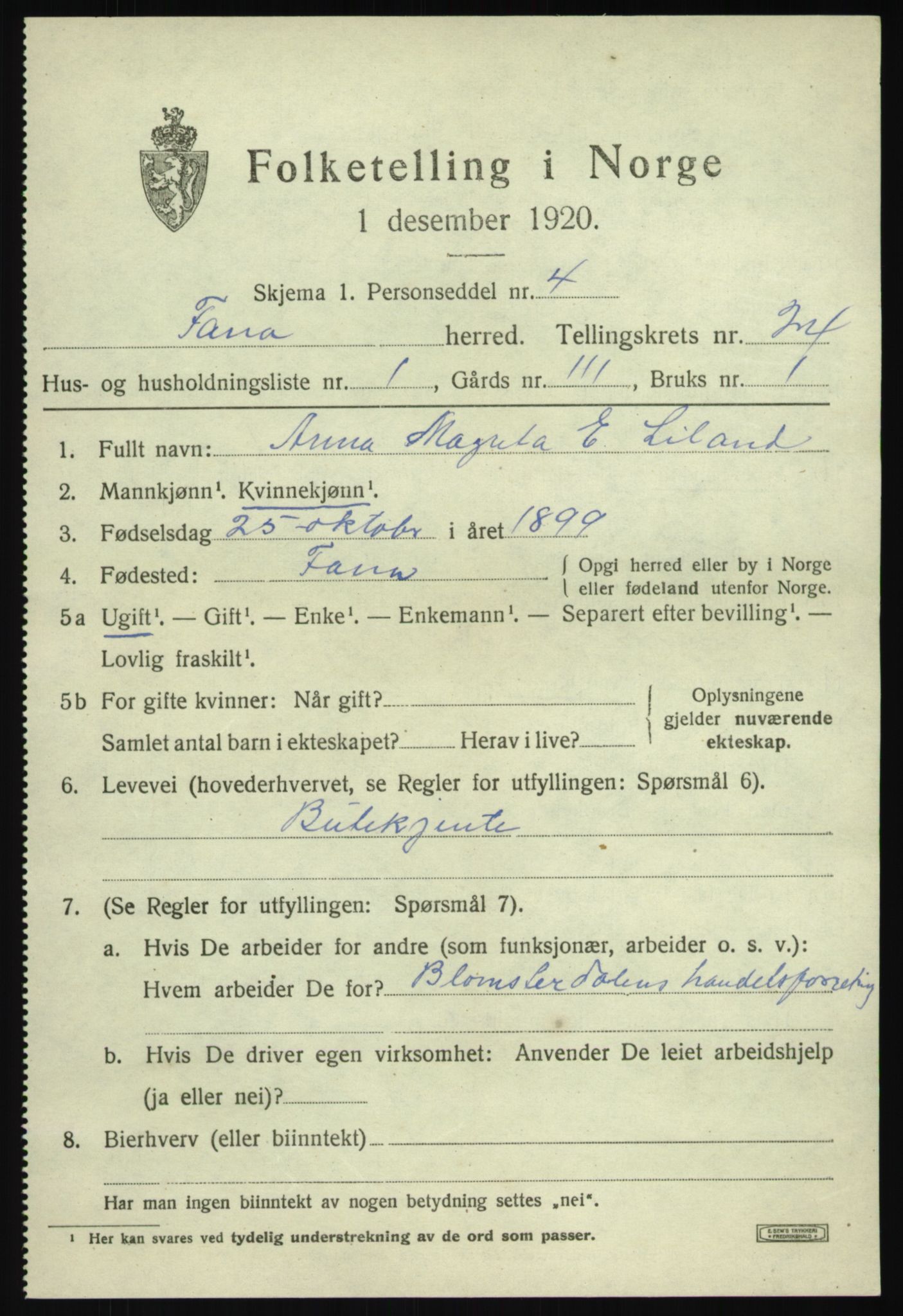 SAB, 1920 census for Fana, 1920, p. 27187