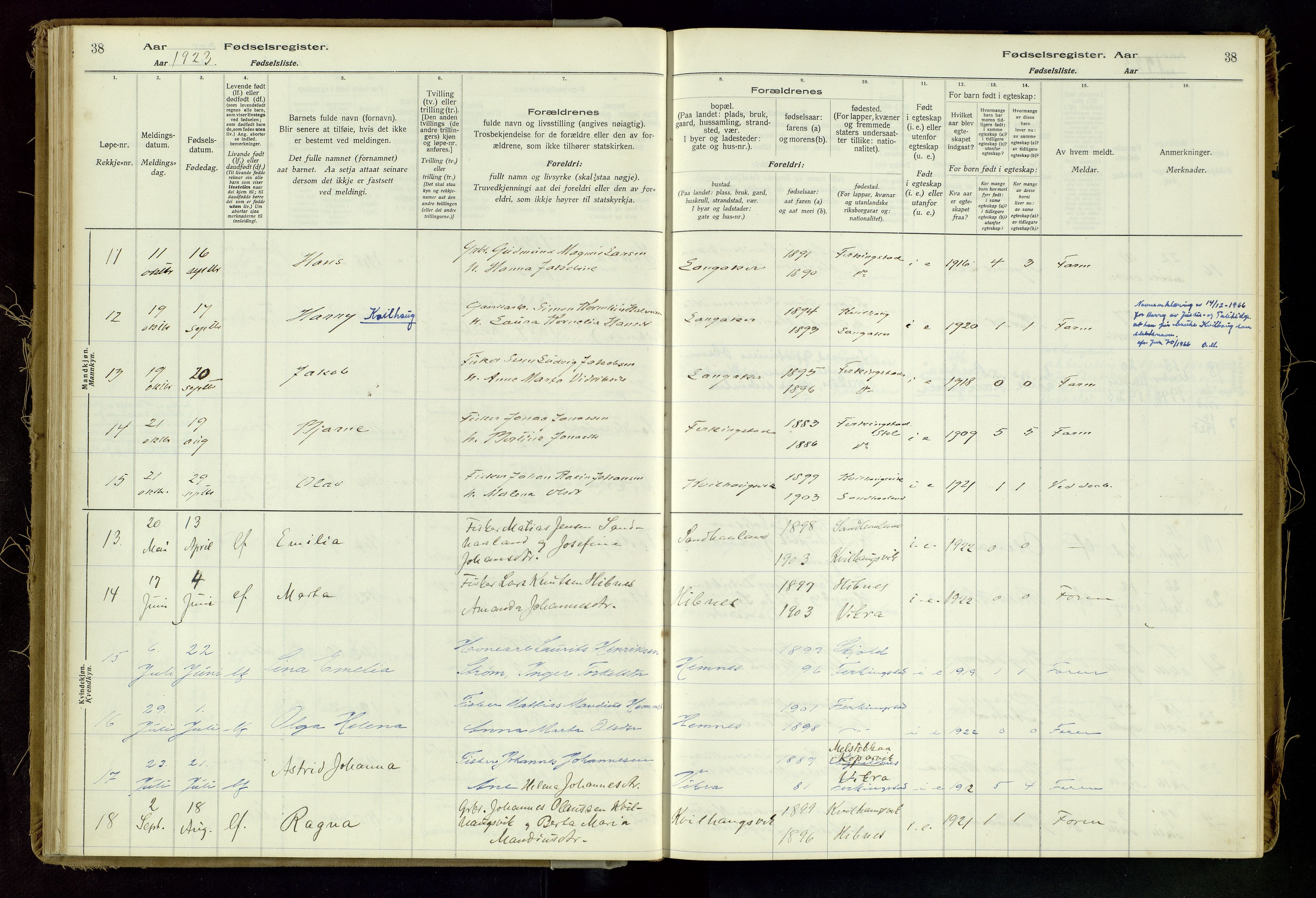 Skudenes sokneprestkontor, SAST/A -101849/I/Id/L0002: Birth register no. 2, 1916-1962, p. 38
