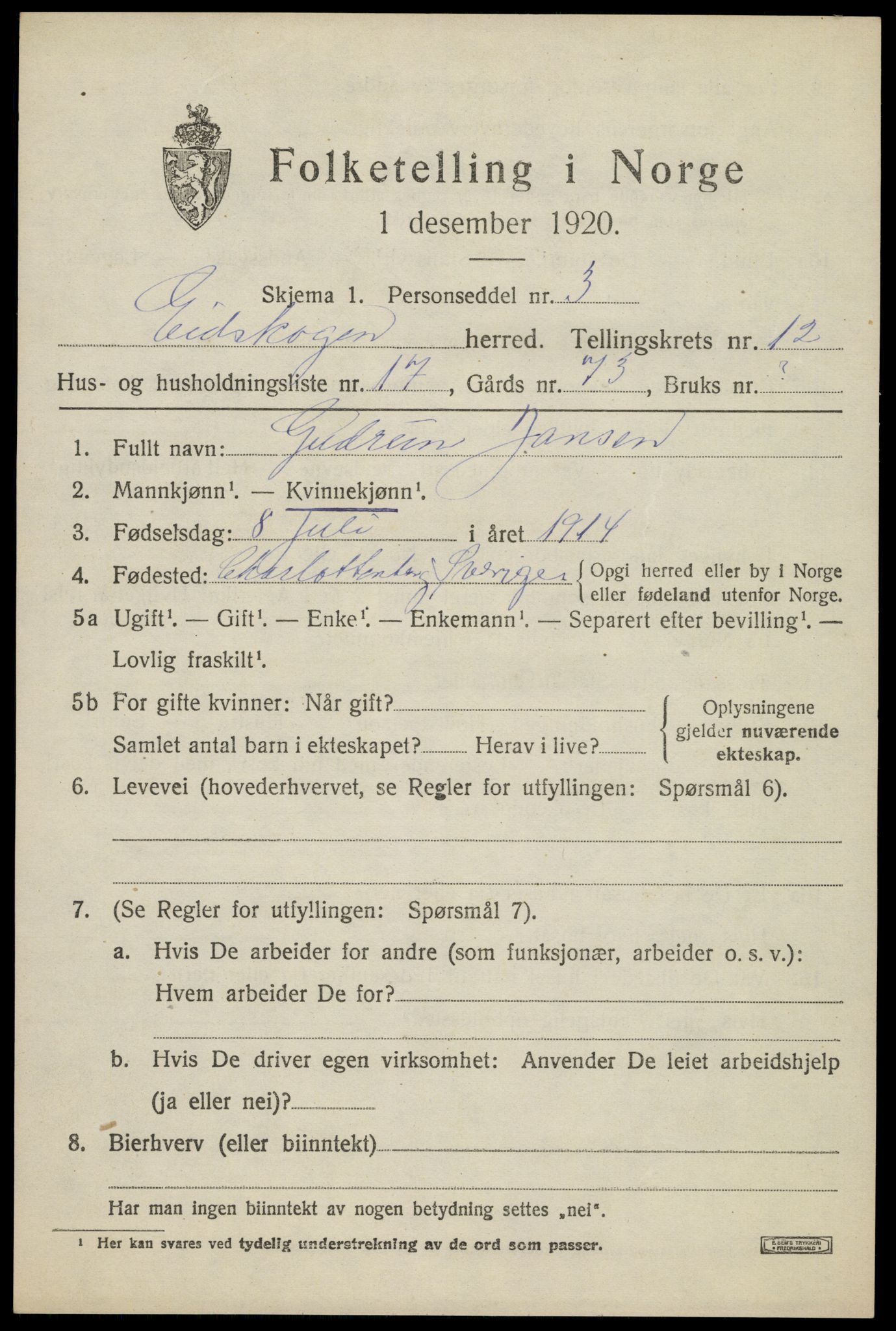 SAH, 1920 census for Eidskog, 1920, p. 11953