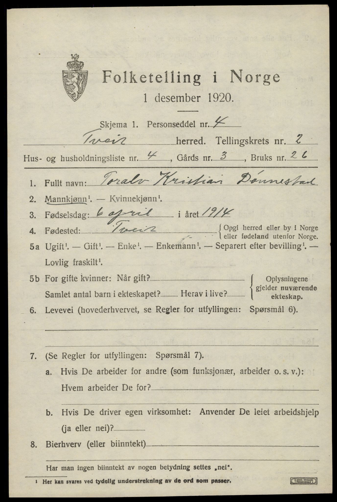 SAK, 1920 census for Tveit, 1920, p. 1256