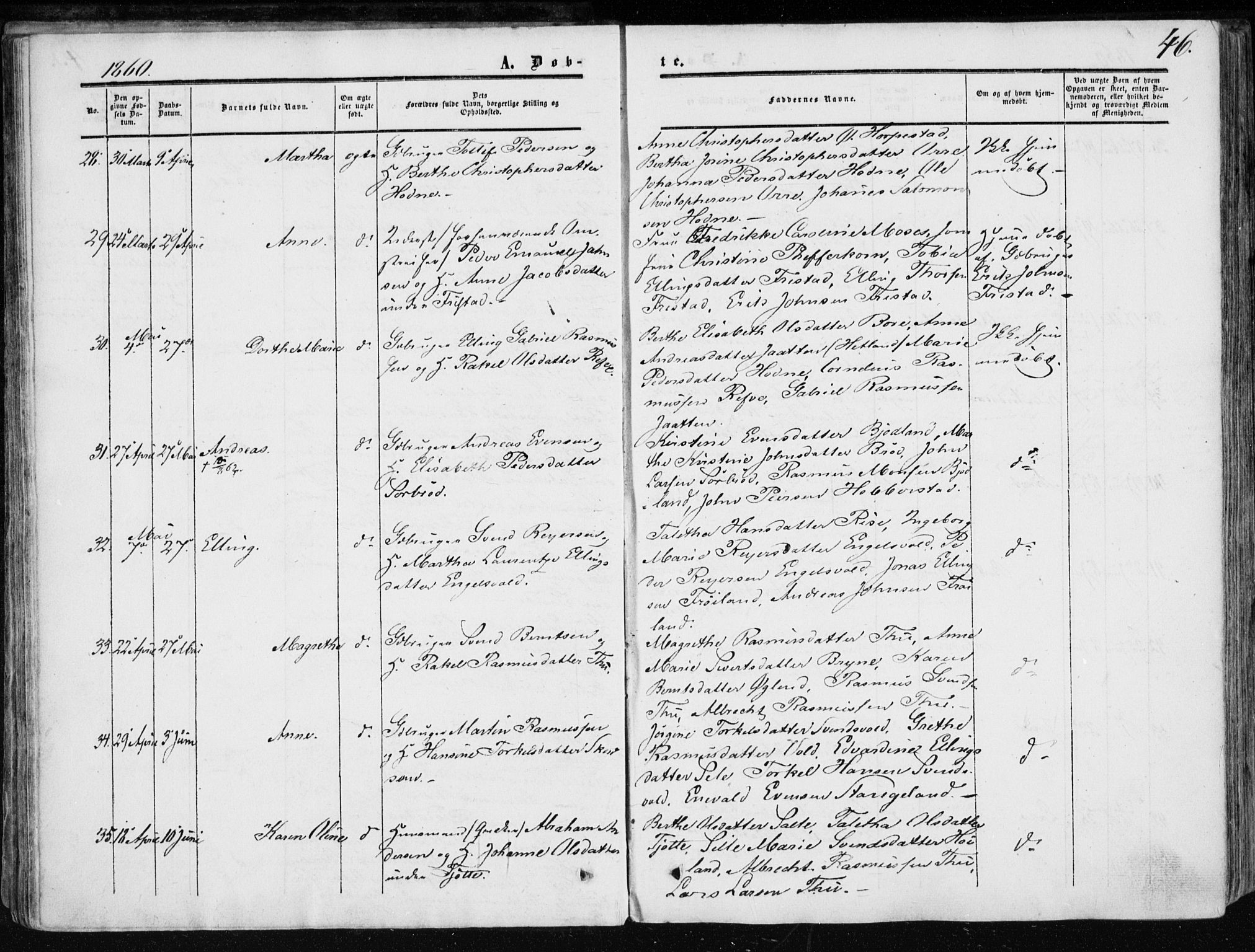 Klepp sokneprestkontor, AV/SAST-A-101803/001/3/30BA/L0005: Parish register (official) no. A 5, 1853-1870, p. 46