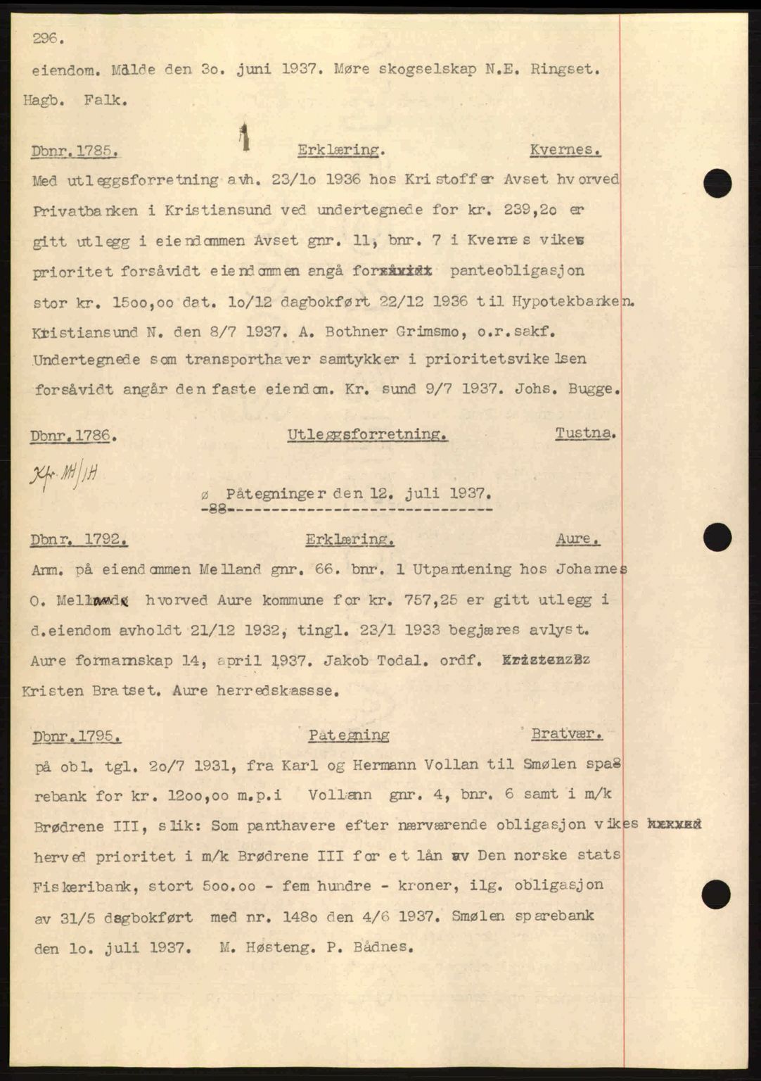 Nordmøre sorenskriveri, AV/SAT-A-4132/1/2/2Ca: Mortgage book no. C80, 1936-1939, Diary no: : 1785/1937