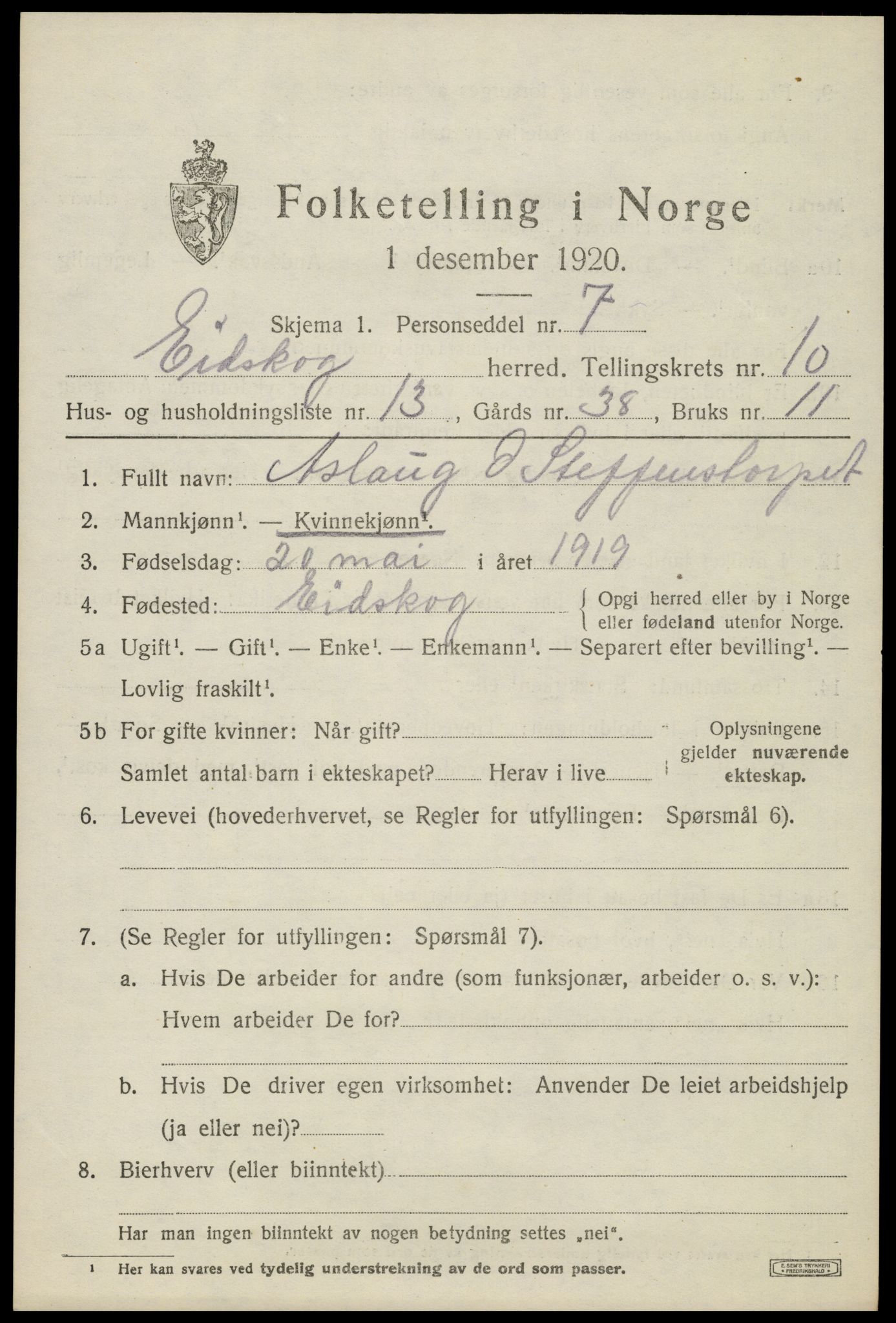 SAH, 1920 census for Eidskog, 1920, p. 11291