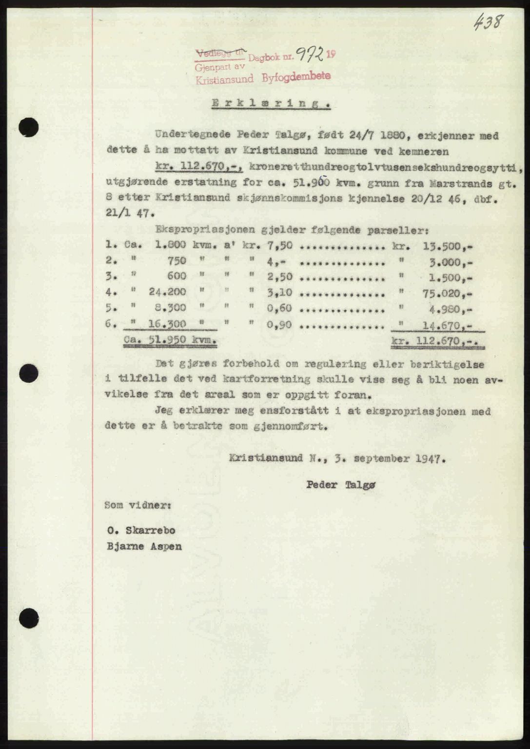 Kristiansund byfogd, AV/SAT-A-4587/A/27: Mortgage book no. 39b, 1946-1947, Diary no: : 972/1947