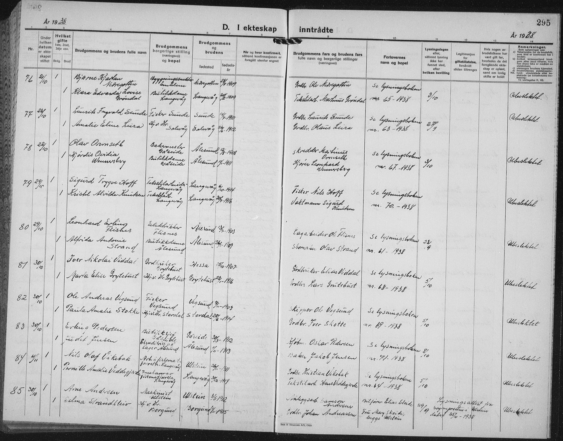 Ministerialprotokoller, klokkerbøker og fødselsregistre - Møre og Romsdal, AV/SAT-A-1454/528/L0436: Parish register (copy) no. 528C17, 1927-1939, p. 295