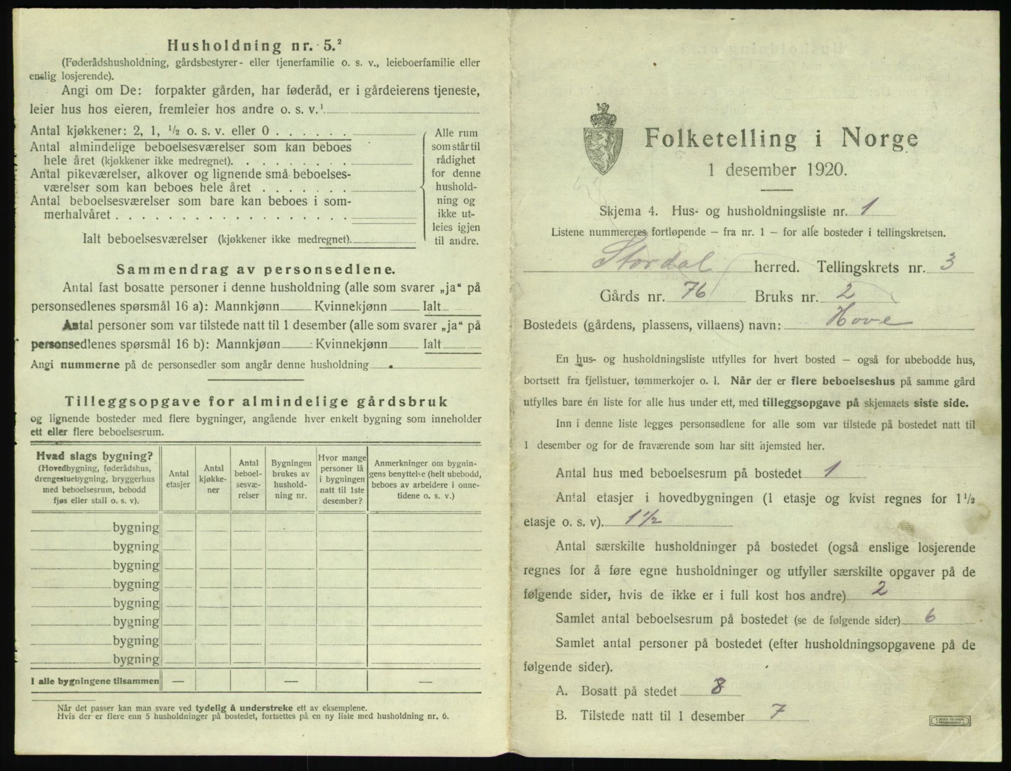 SAT, 1920 census for Stordal, 1920, p. 102