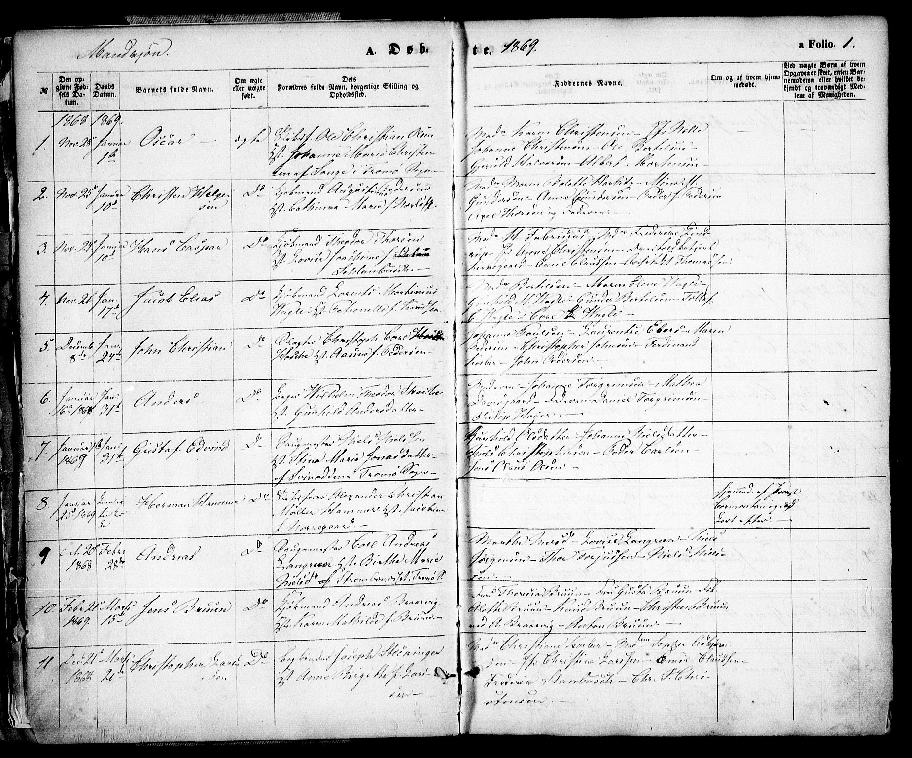 Arendal sokneprestkontor, Trefoldighet, SAK/1111-0040/F/Fa/L0007: Parish register (official) no. A 7, 1868-1878, p. 1
