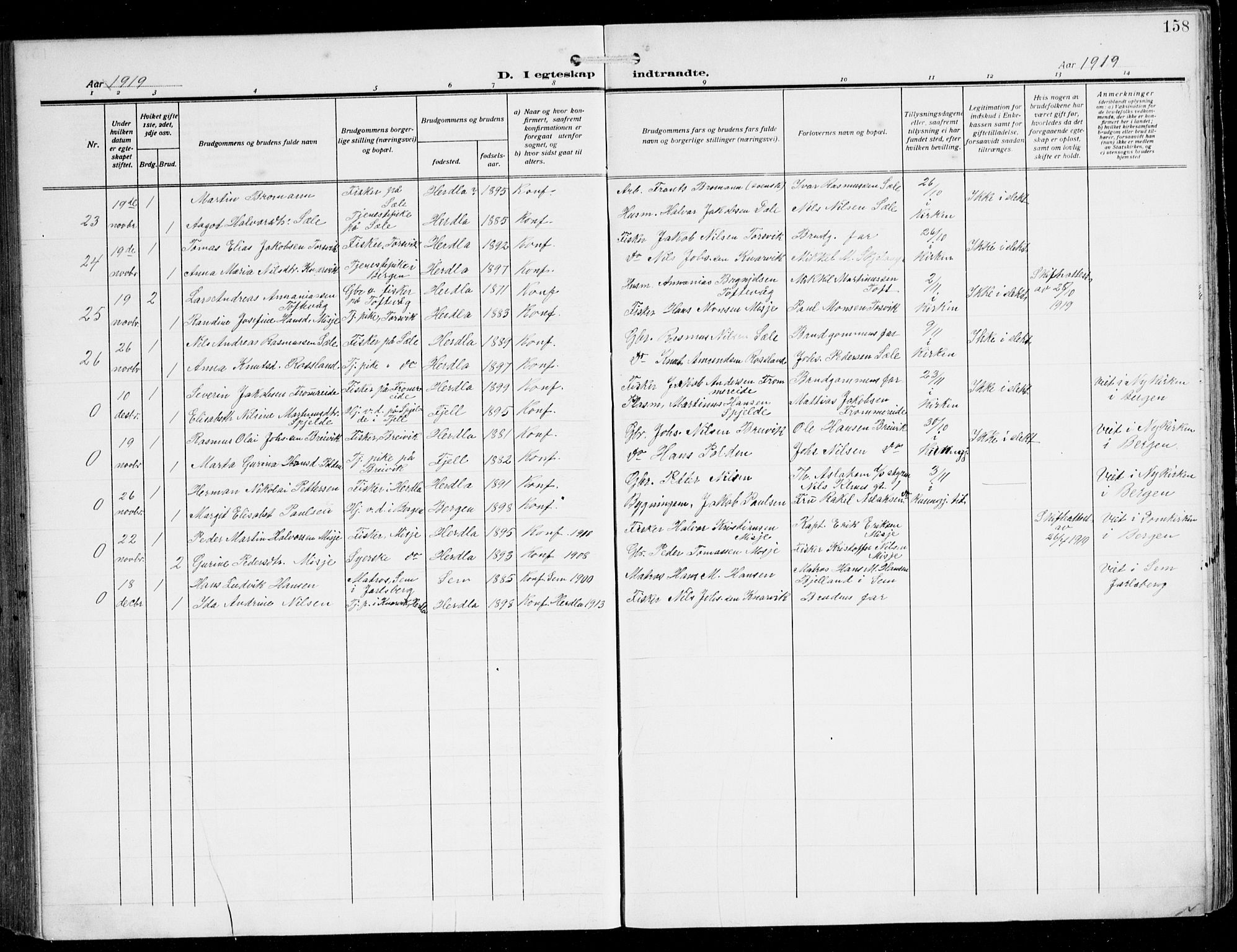 Herdla Sokneprestembete, SAB/A-75701/H/Hab: Parish register (copy) no. C 2, 1913-1926, p. 158