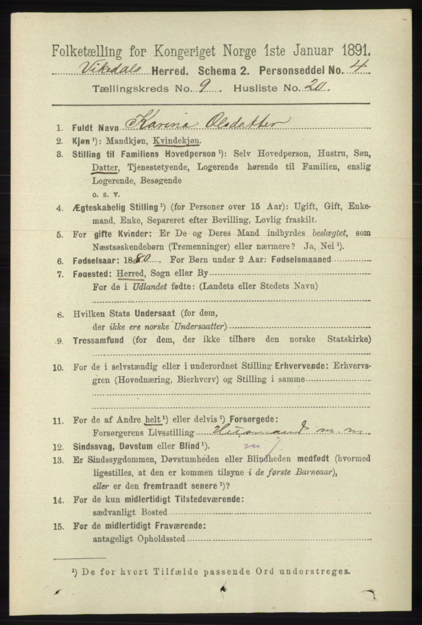 RA, 1891 census for 1157 Vikedal, 1891, p. 2457