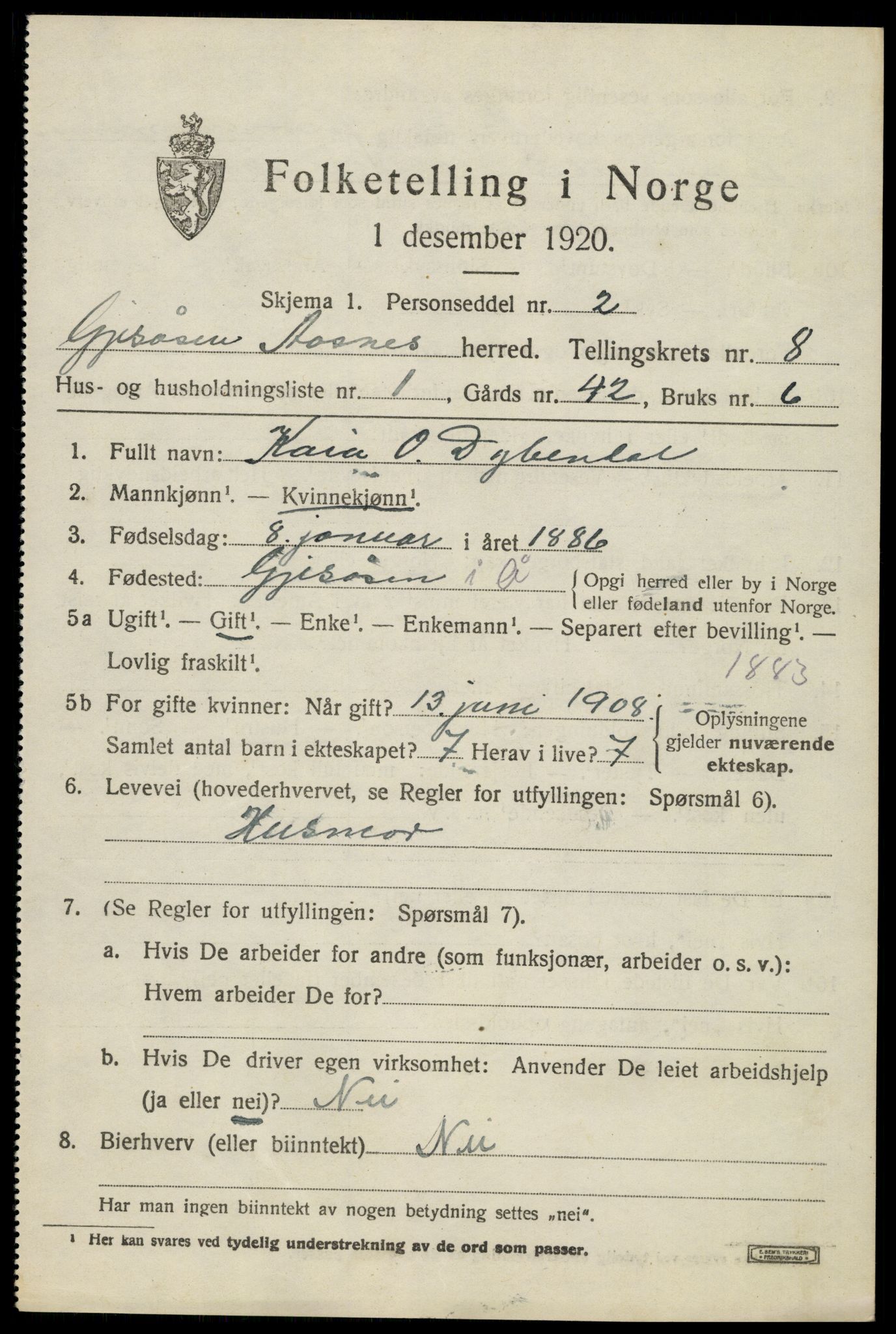 SAH, 1920 census for Åsnes, 1920, p. 9130