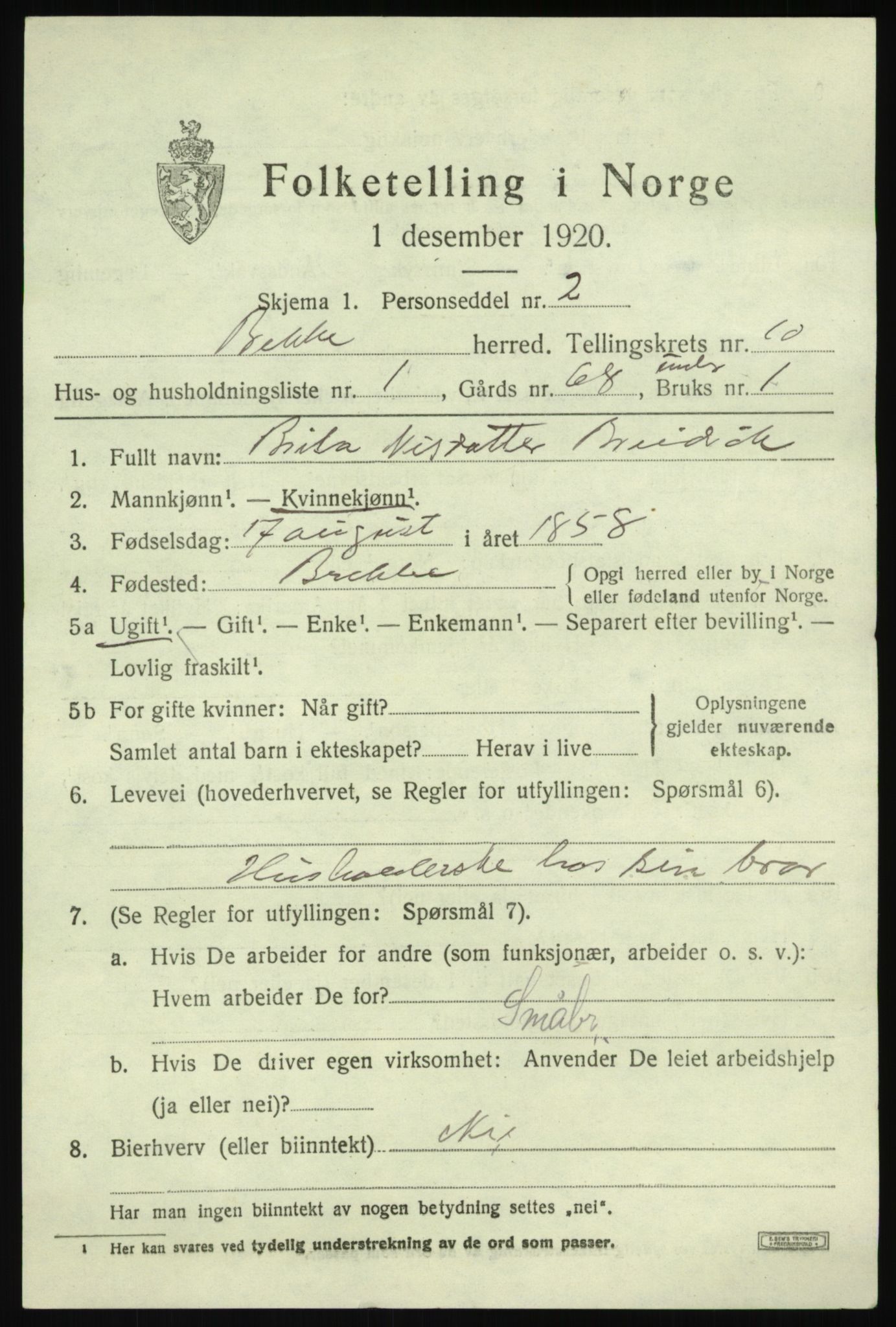 SAB, 1920 census for Brekke, 1920, p. 2132