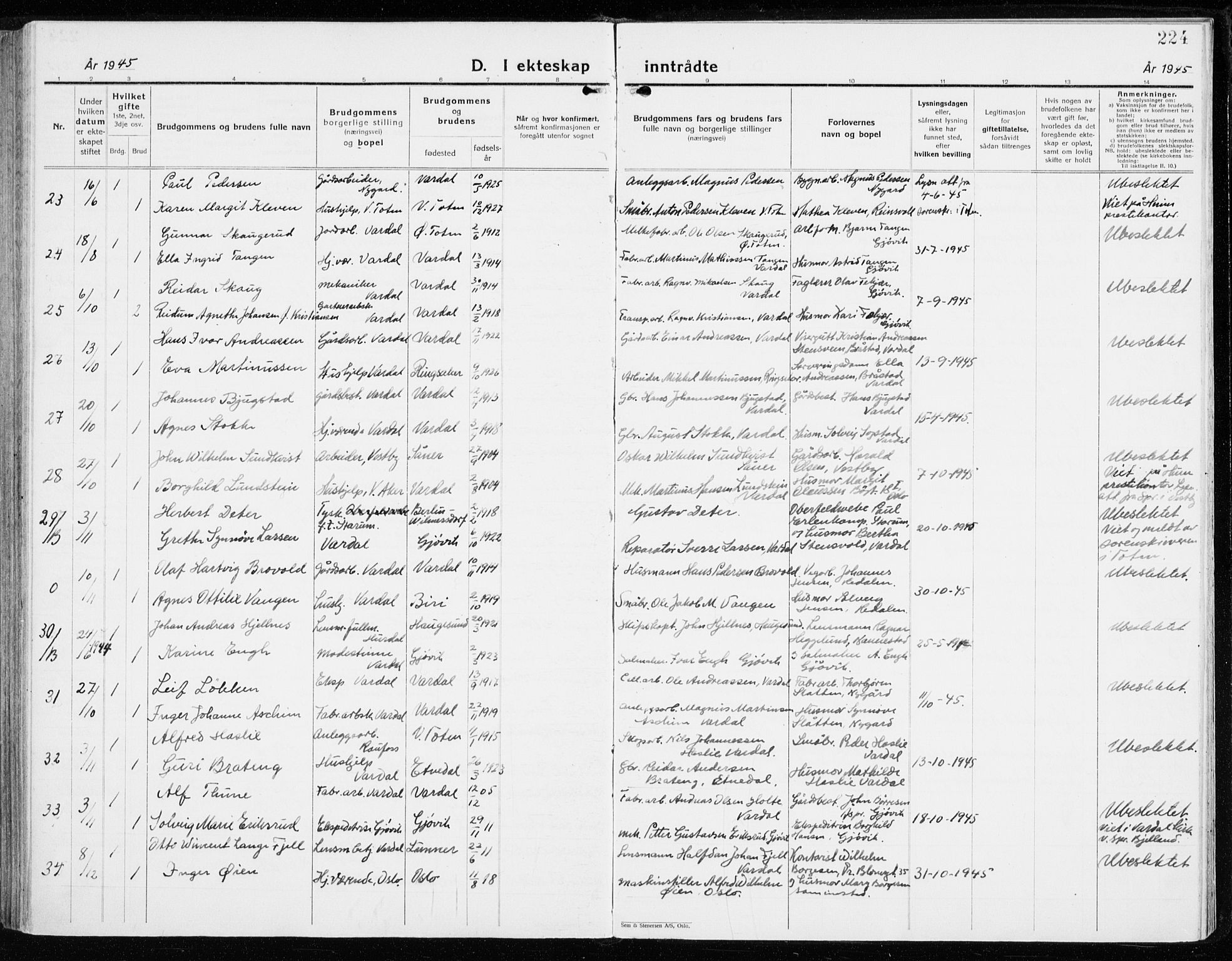 Vardal prestekontor, AV/SAH-PREST-100/H/Ha/Haa/L0018: Parish register (official) no. 18, 1930-1945, p. 224