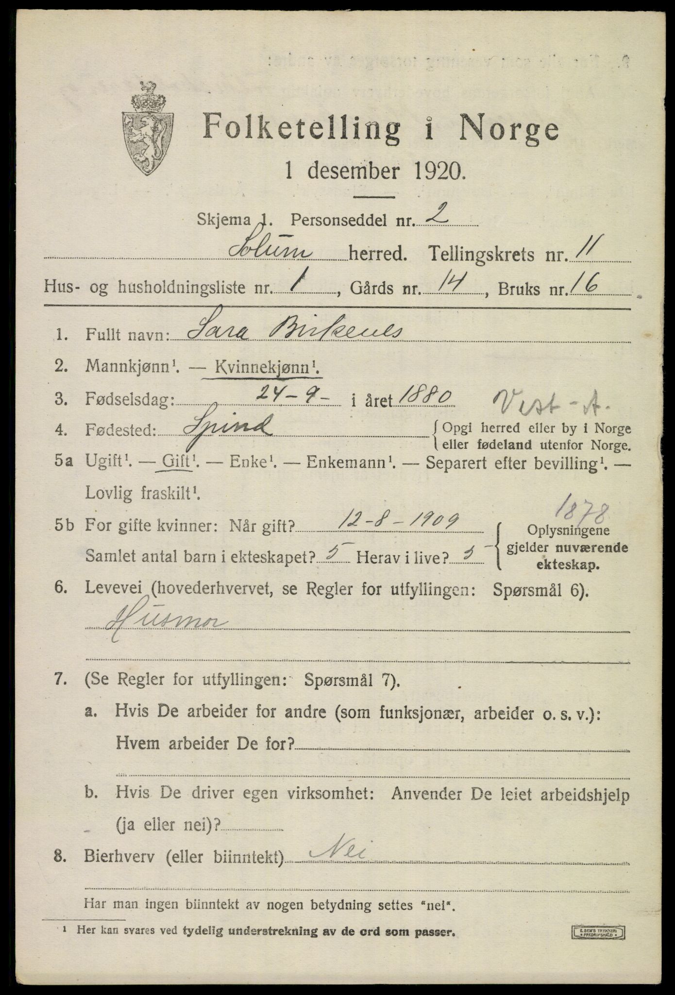 SAKO, 1920 census for Solum, 1920, p. 15694