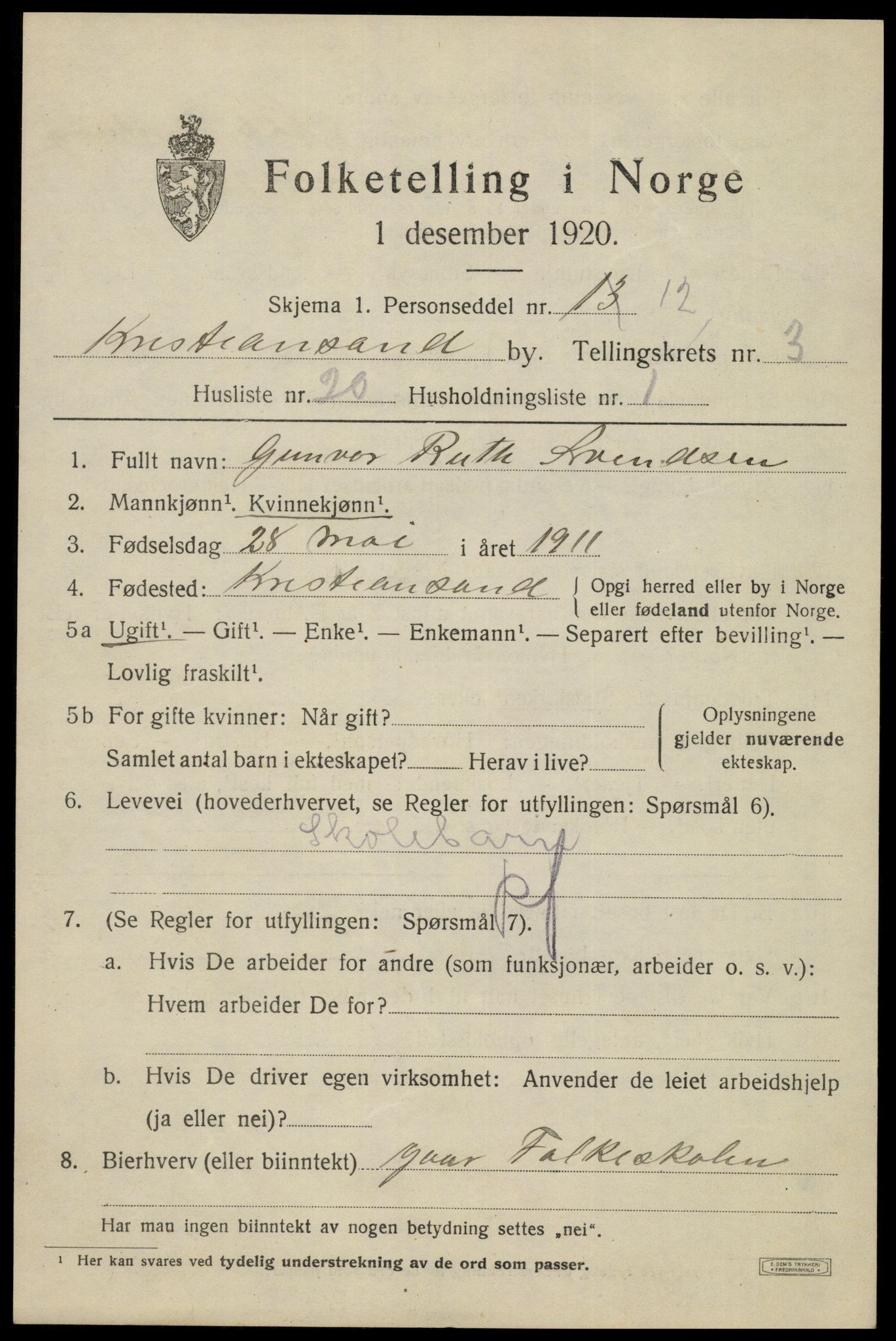 SAK, 1920 census for Kristiansand, 1920, p. 14267