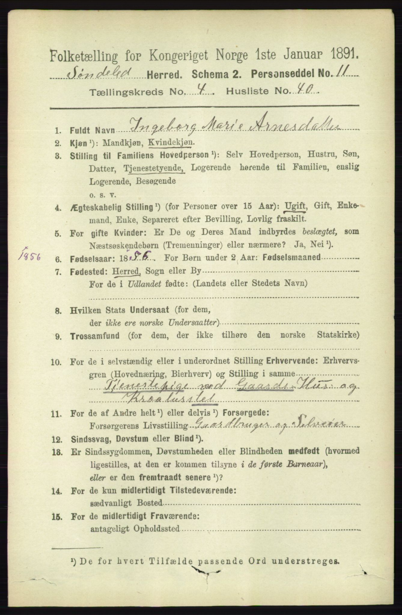 RA, 1891 census for 0913 Søndeled, 1891, p. 1135