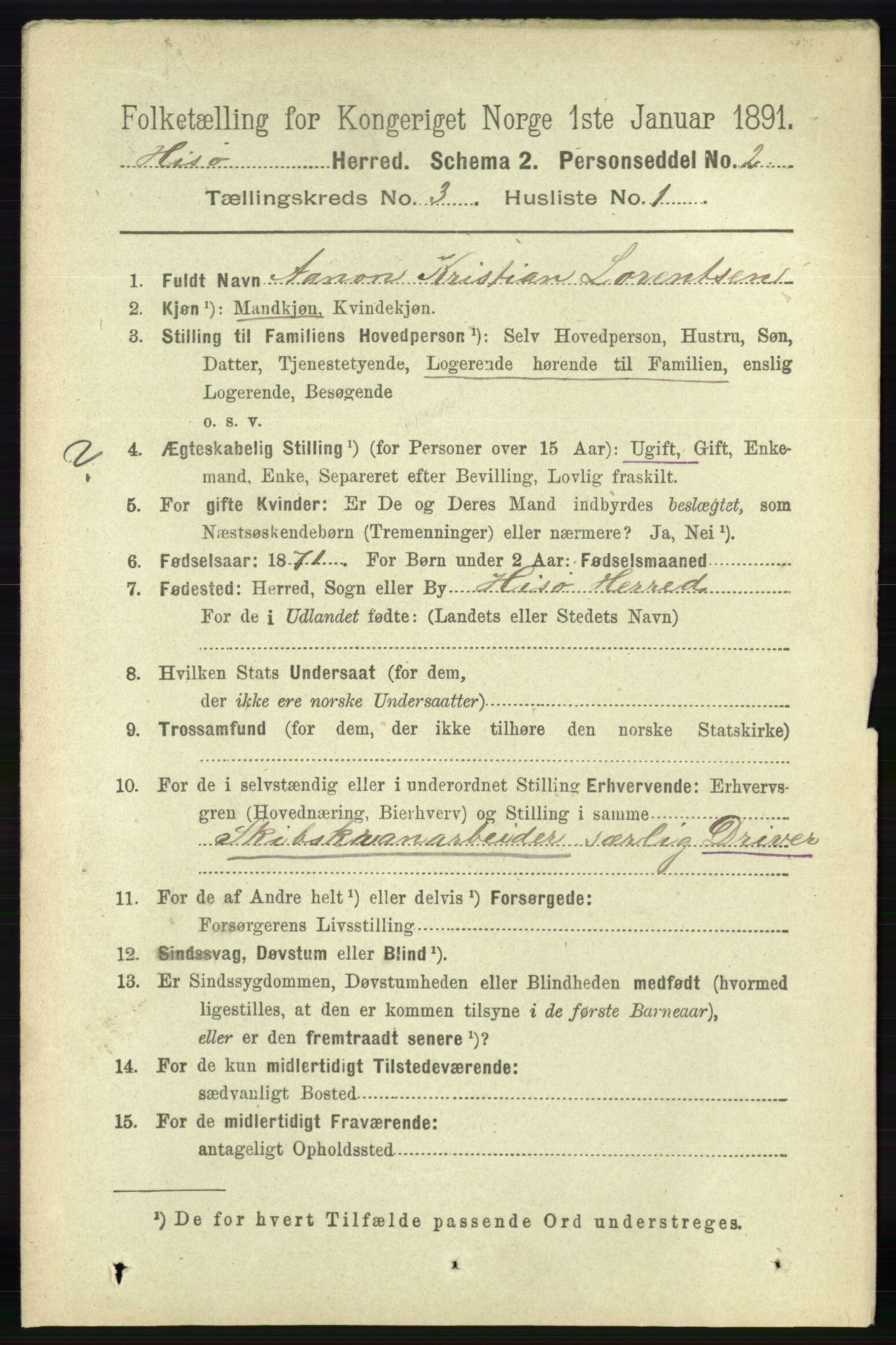 RA, 1891 census for 0922 Hisøy, 1891, p. 2253