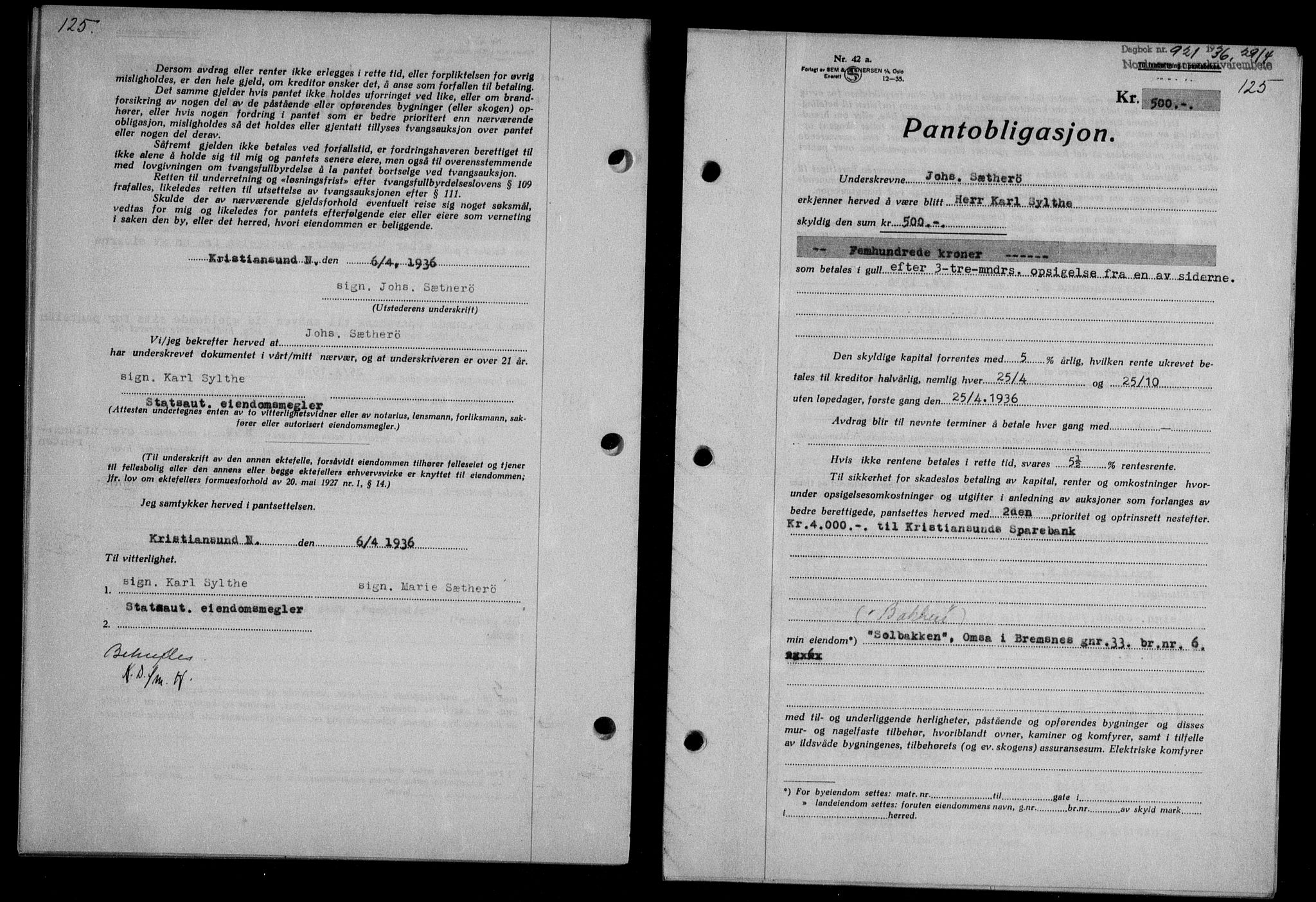 Nordmøre sorenskriveri, AV/SAT-A-4132/1/2/2Ca/L0088: Mortgage book no. 78, 1936-1936, Diary no: : 921/1936