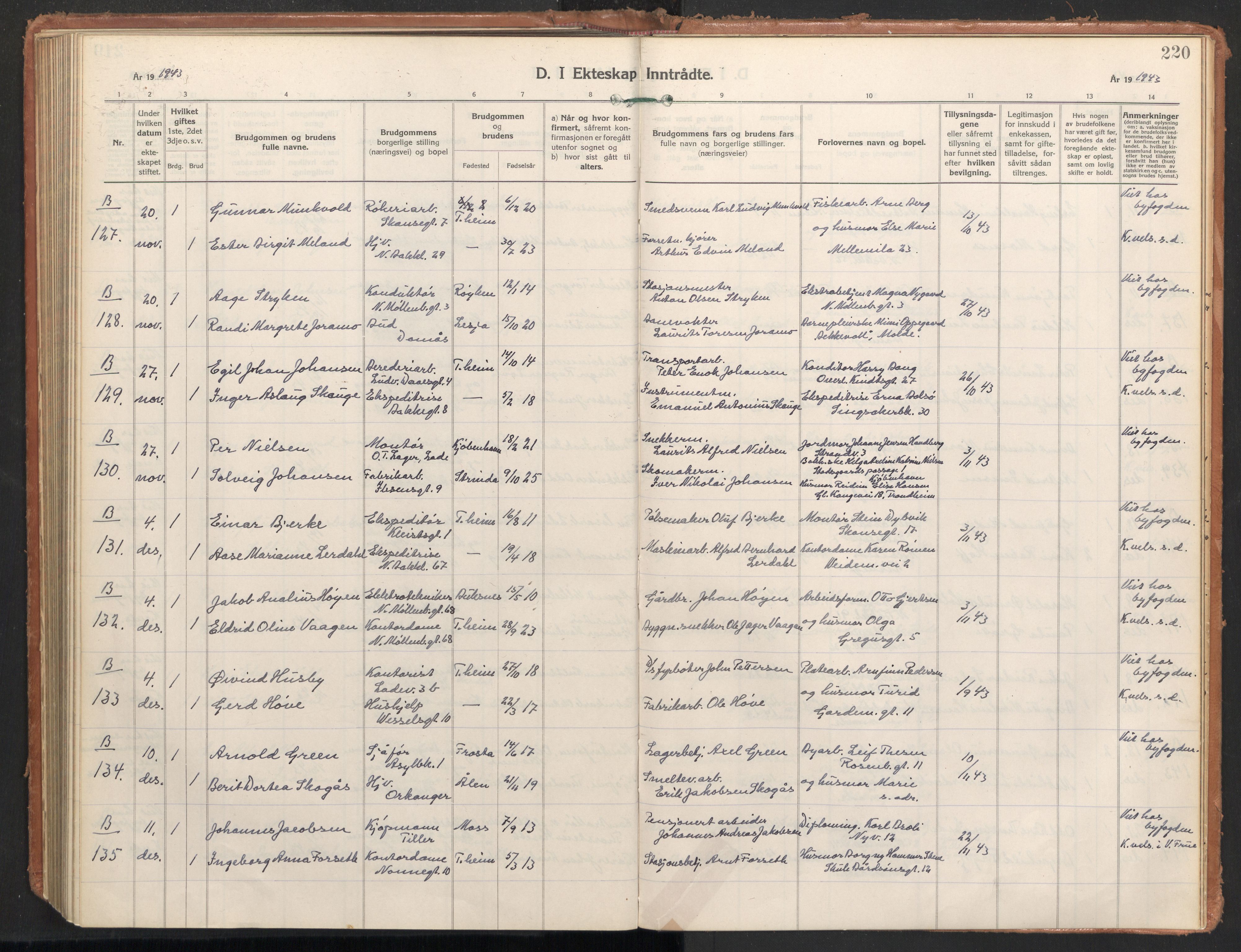 Ministerialprotokoller, klokkerbøker og fødselsregistre - Sør-Trøndelag, AV/SAT-A-1456/604/L0209: Parish register (official) no. 604A29, 1931-1945, p. 220